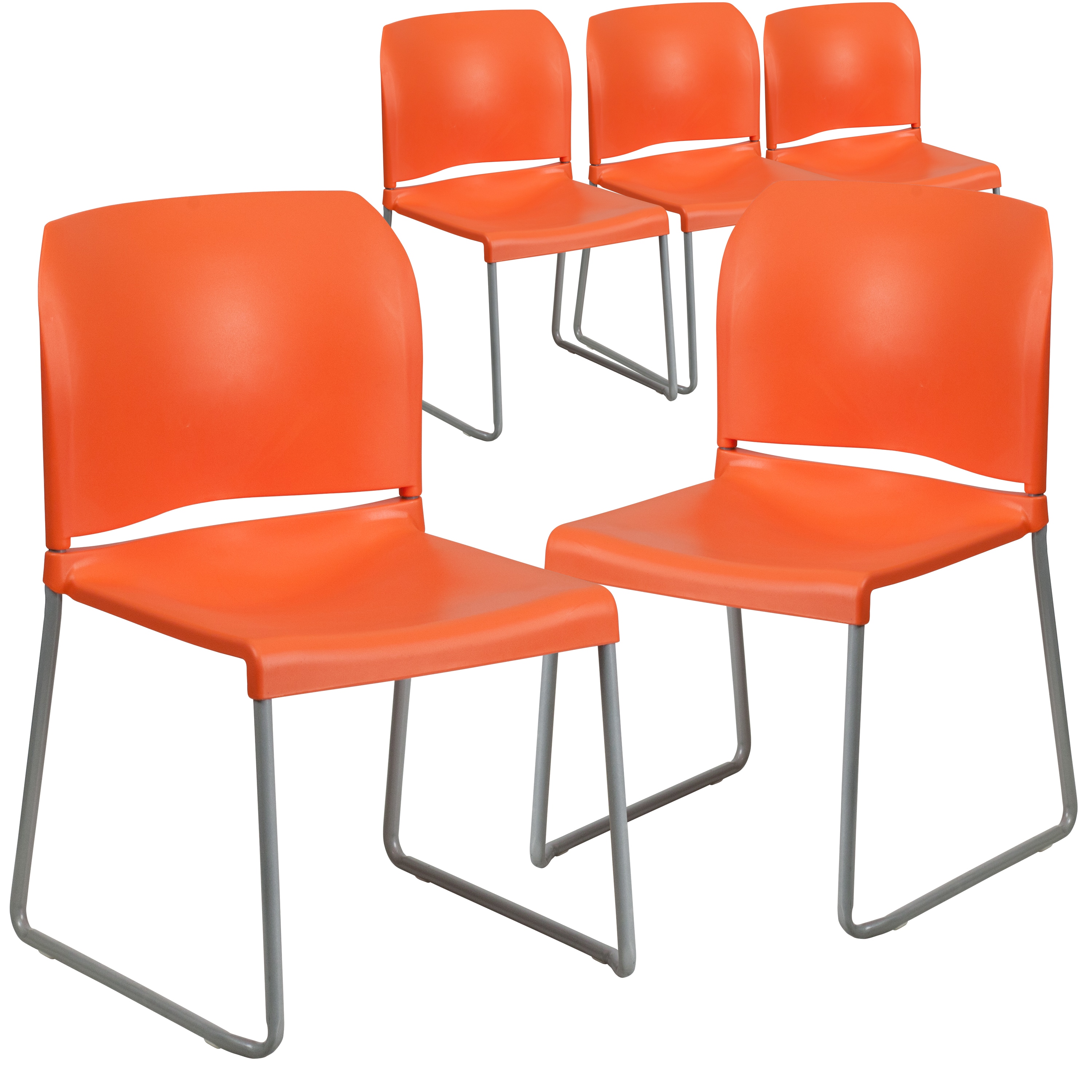 Flash Furniture 889142019268 5 Pack HERCULES Series 880 lb Capacity Orange Full Back Contoured Stack Chair with Gray Powder Coated Sled Base