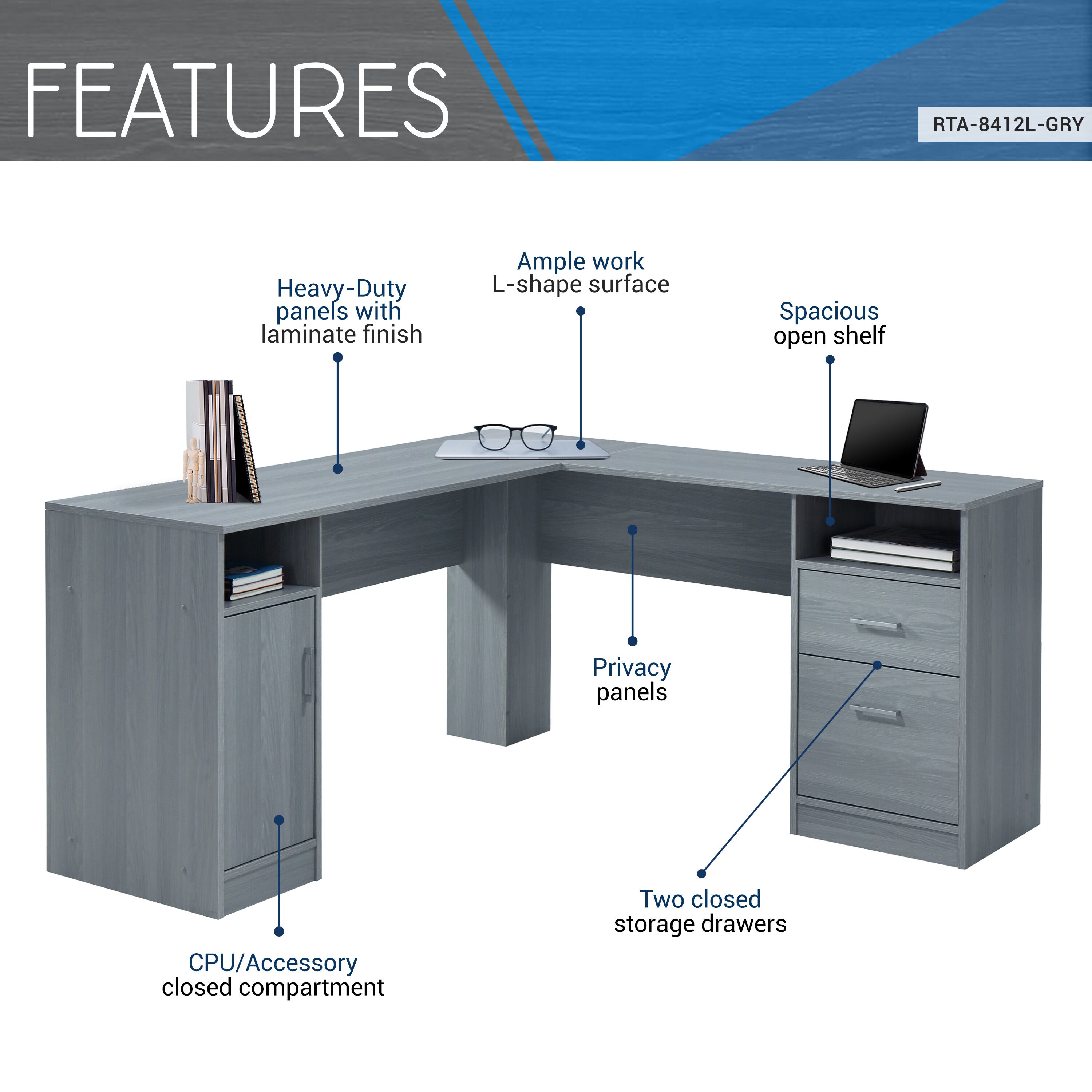 Prepac 56-in Gray Computer Desk, Laminate Finish, Transitional