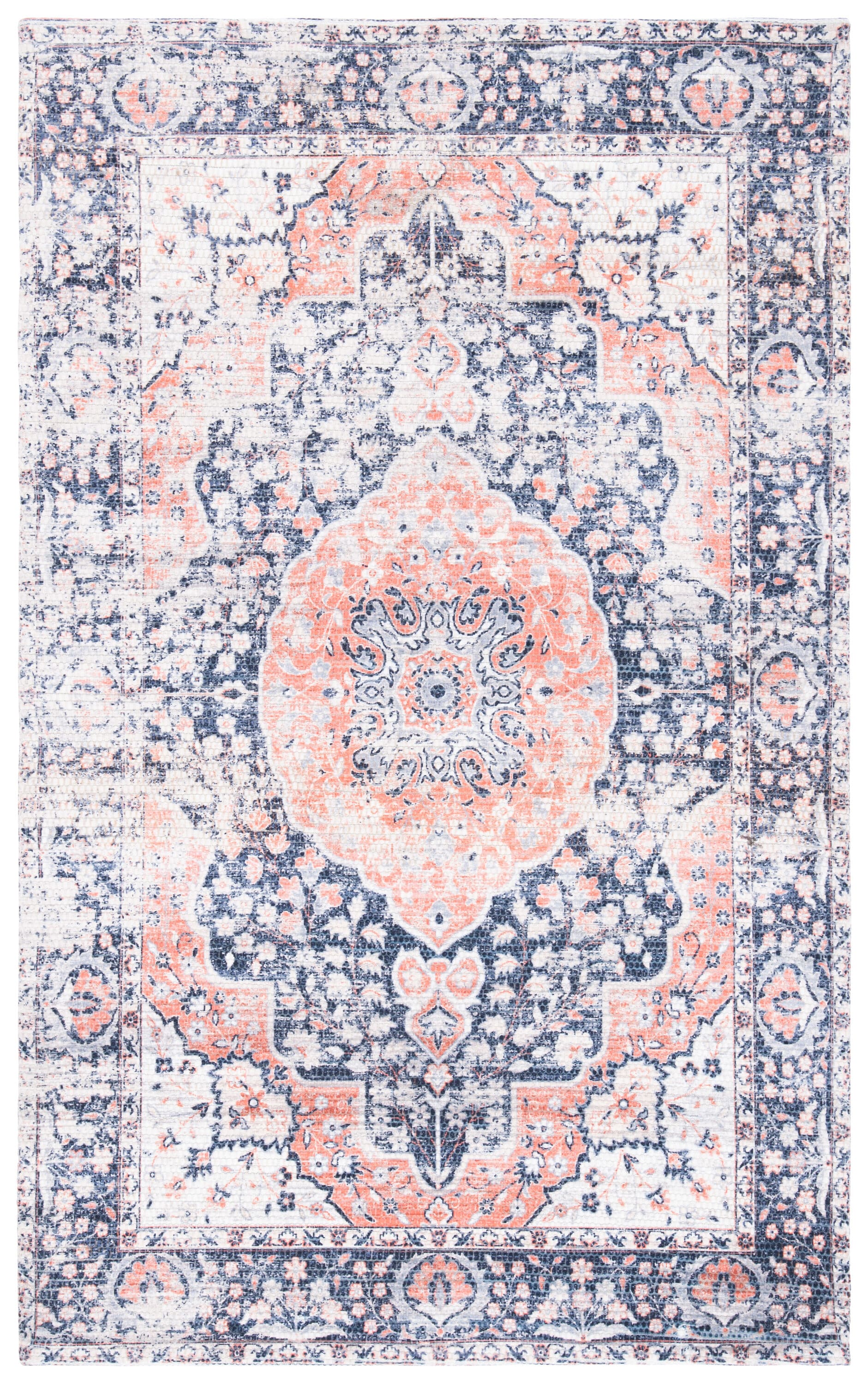 Ivory & Blue Distressed Oriental Cotton Blend 3x5 Rug