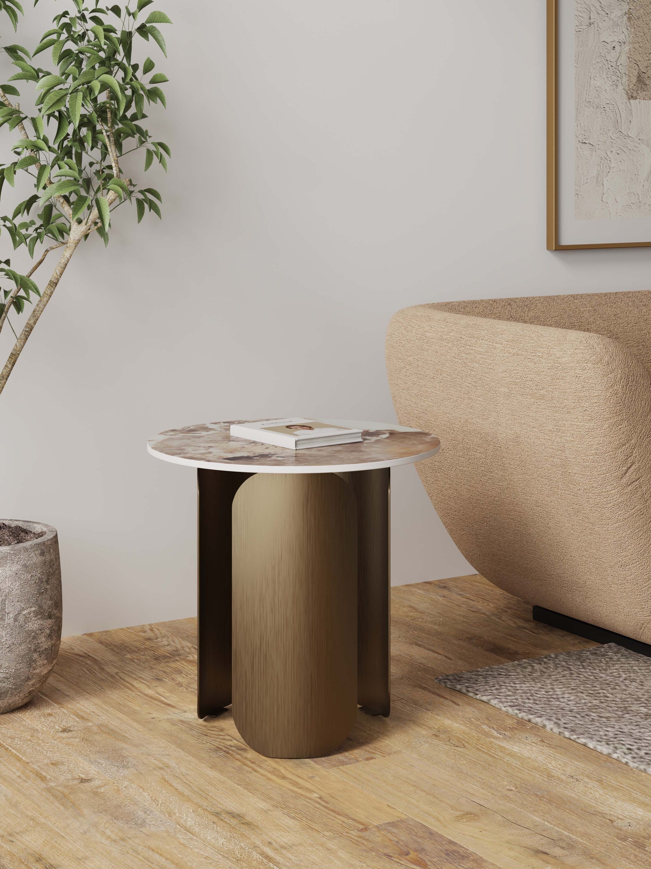 Monica Round Sintered Stone and Gold Metal End Table