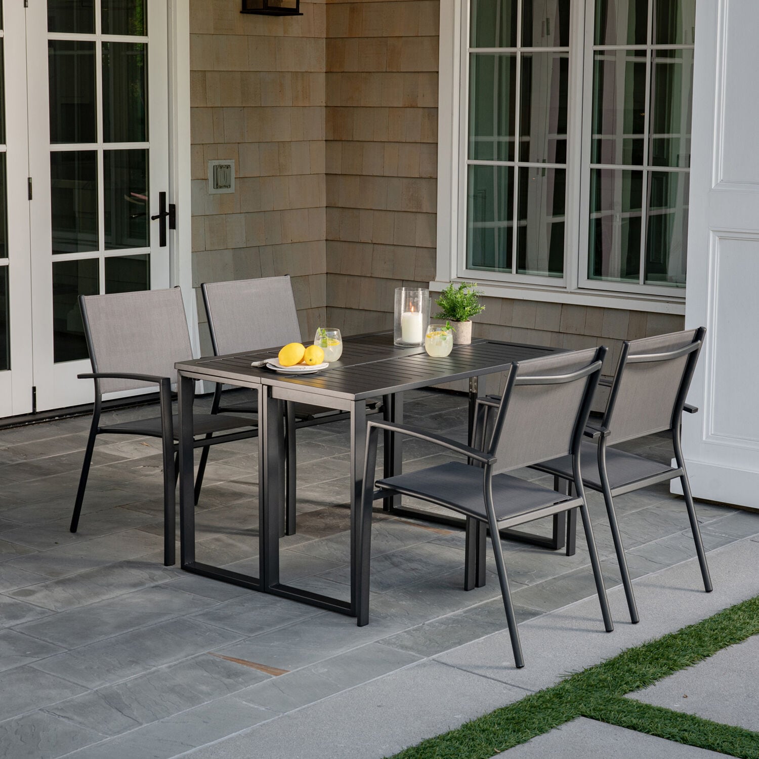 Hanover CONDN5PC-GRY Conrad 5-Piece Gray Patio Dining Set Aluminum Rectangle Table with 4 Stackable Stationary Chairs