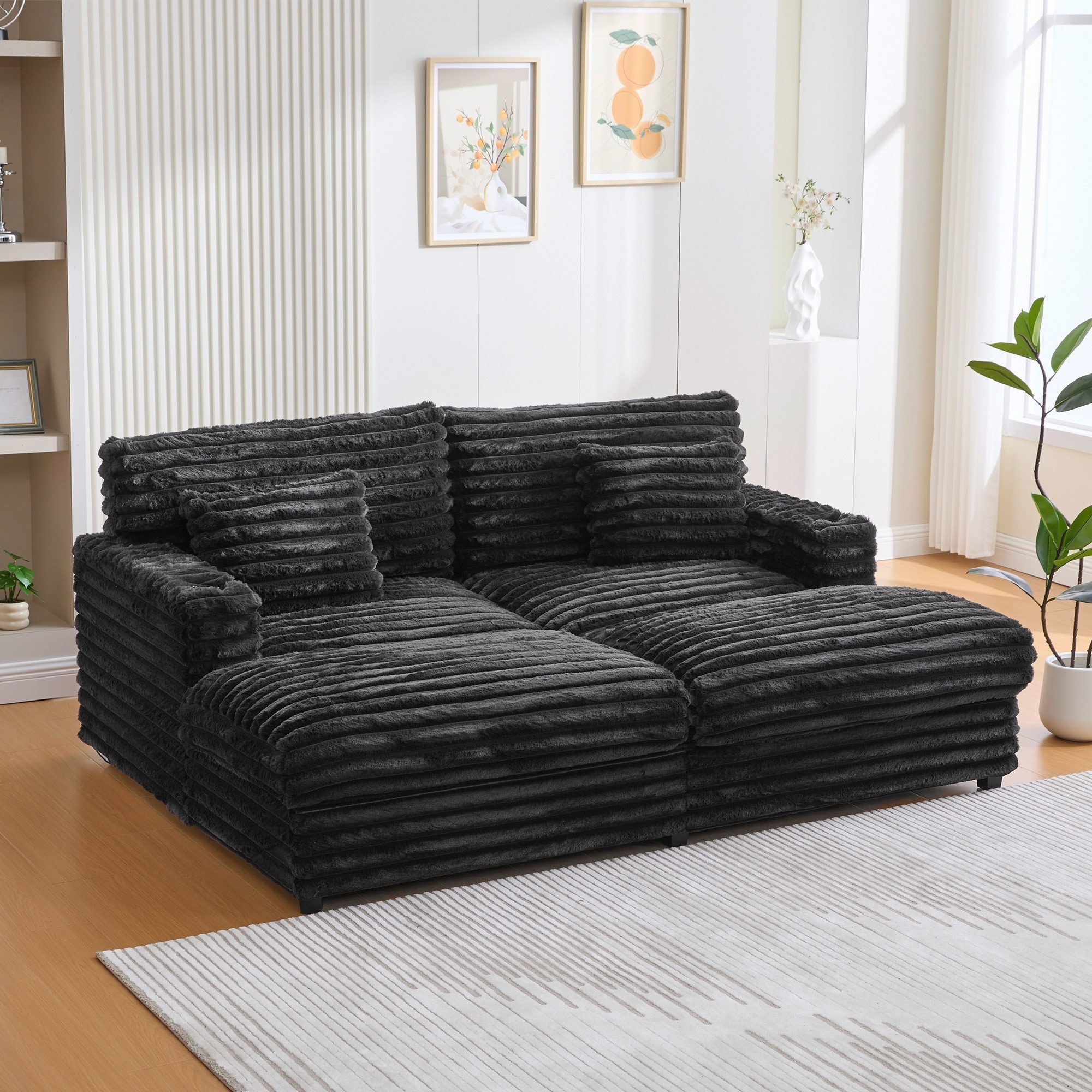 Horizons Prime - 82 inch Black Faux Rabbit Fur Double Chaise Lounge Sofa Bed with USB Ports and C...