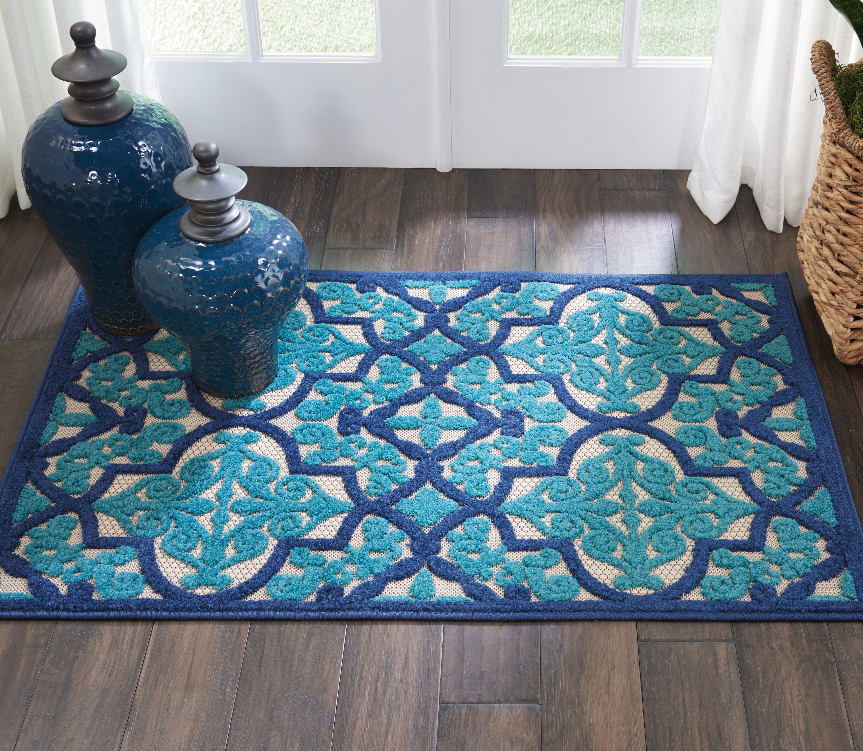 Nourison 99446422095 Aloha 2 x 4 (ft) Polypropylene Navy Rectangular Indoor/Outdoor Geometric Moroccan Area rug