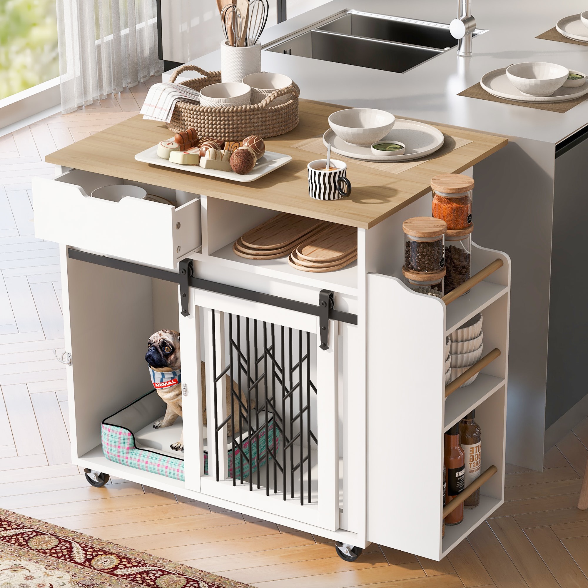 ModernLuxe L3P-N843P256452R 2 IN 1 Modern Dog Crate Kitchen Island With Storage for SmallMedium sized Dogs Cream White Dog Furniture End Table  with Wheels