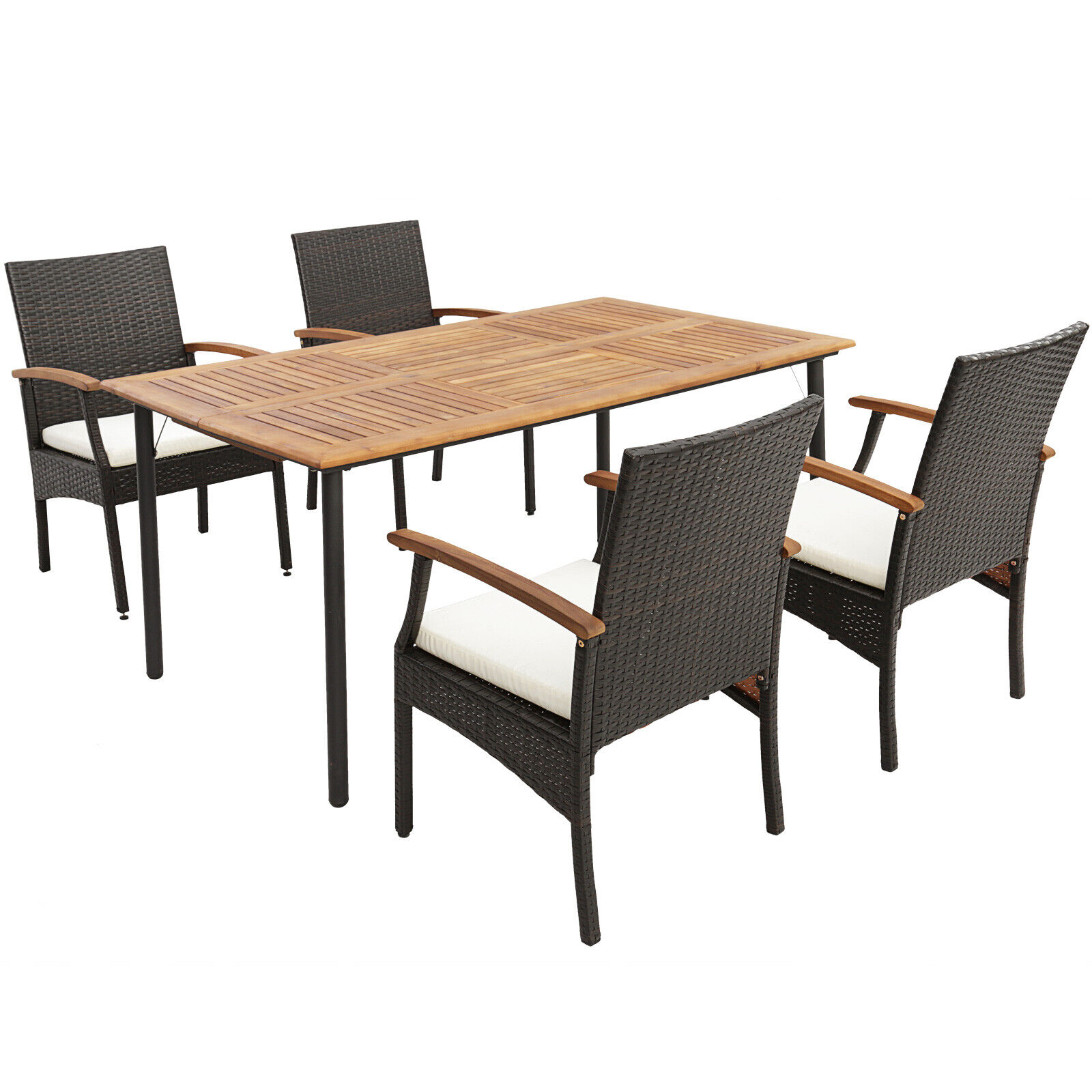 YERIVA HSM7083155629 5 -Piece Mix Brown Rattan Patio Dining Set Wood Rectangle Table with 4 Off-white Cushions Stationary Chairs