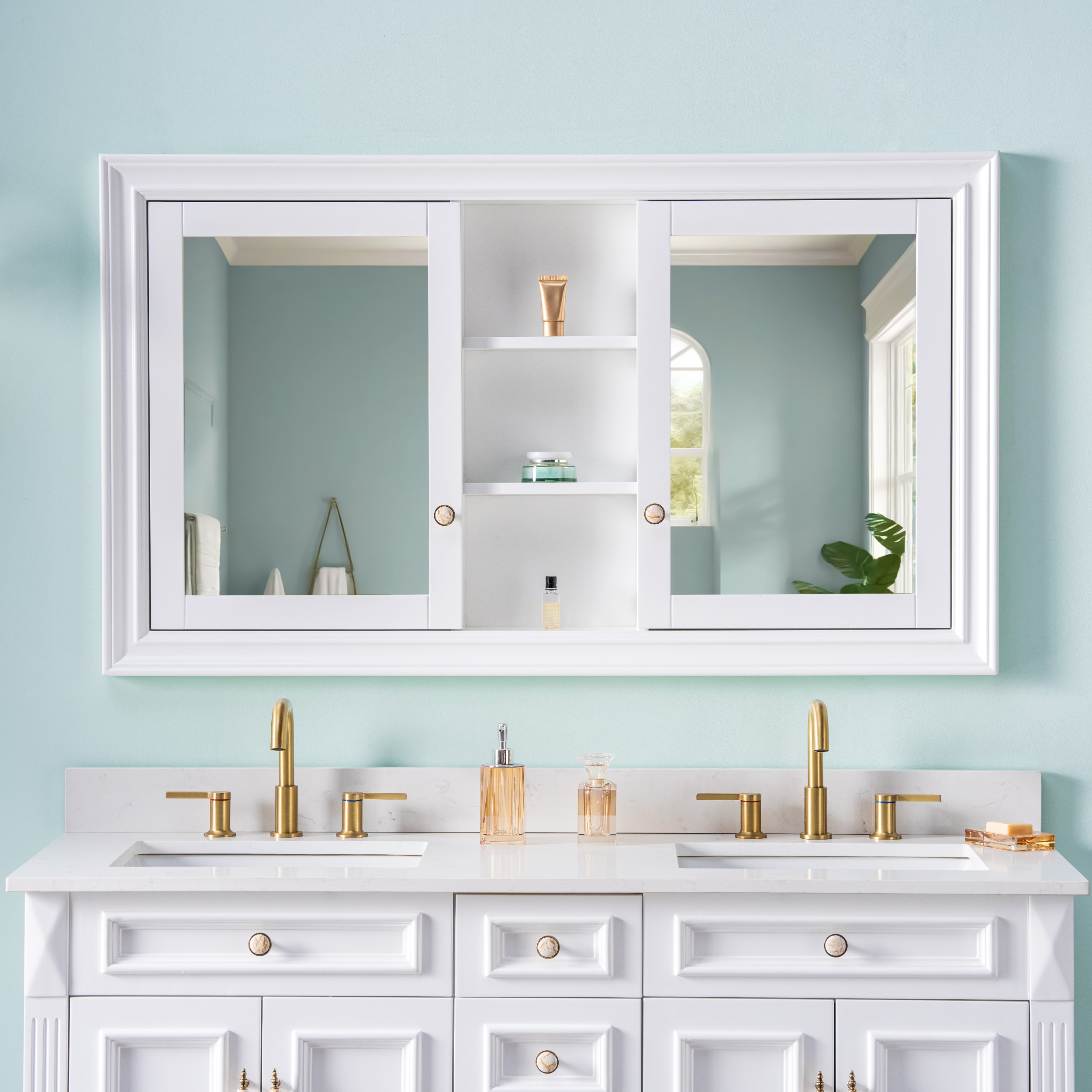 WELLFOR BCB2024GMG -LS GRACE Solid Wood 55-in x 32-in Recessed Mount White Mirrored Rectangle Soft Close Medicine Cabinet