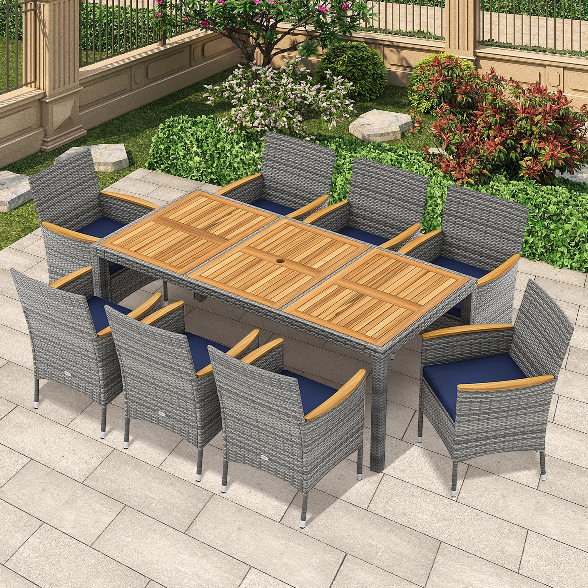 LIVIZA OUJ73183NY-X 9 -Piece Mix Gray Rattan Patio Dining Set Wood Rectangle Table with 8 Blue Cushions Stationary Chairs and Umbrella Included