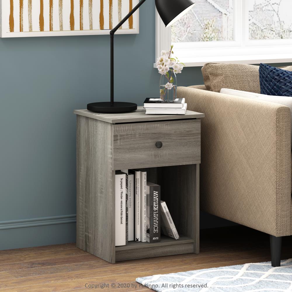 French Oak Grey Engineered Wood Nightstand with Black Knob