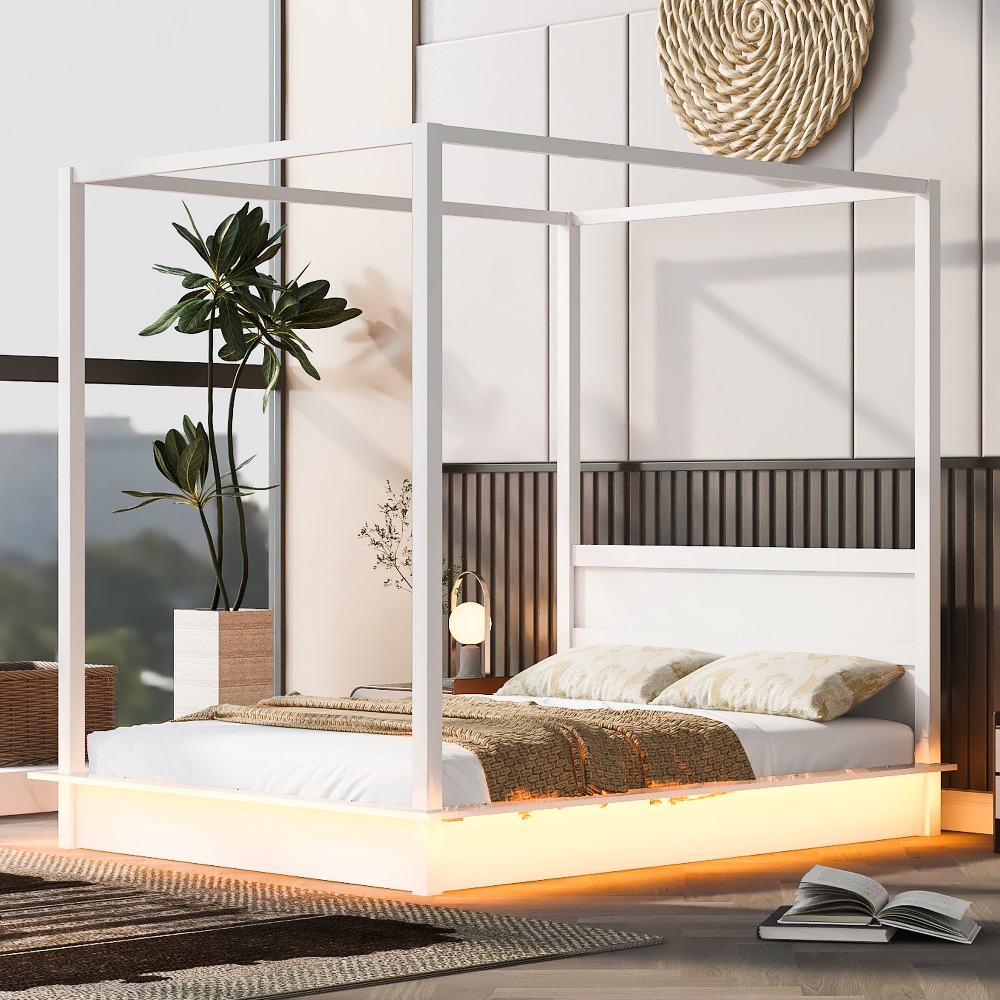 GDFStudio 347089 White Queen Wooden LED Canopy Platform Bed with Support Slats