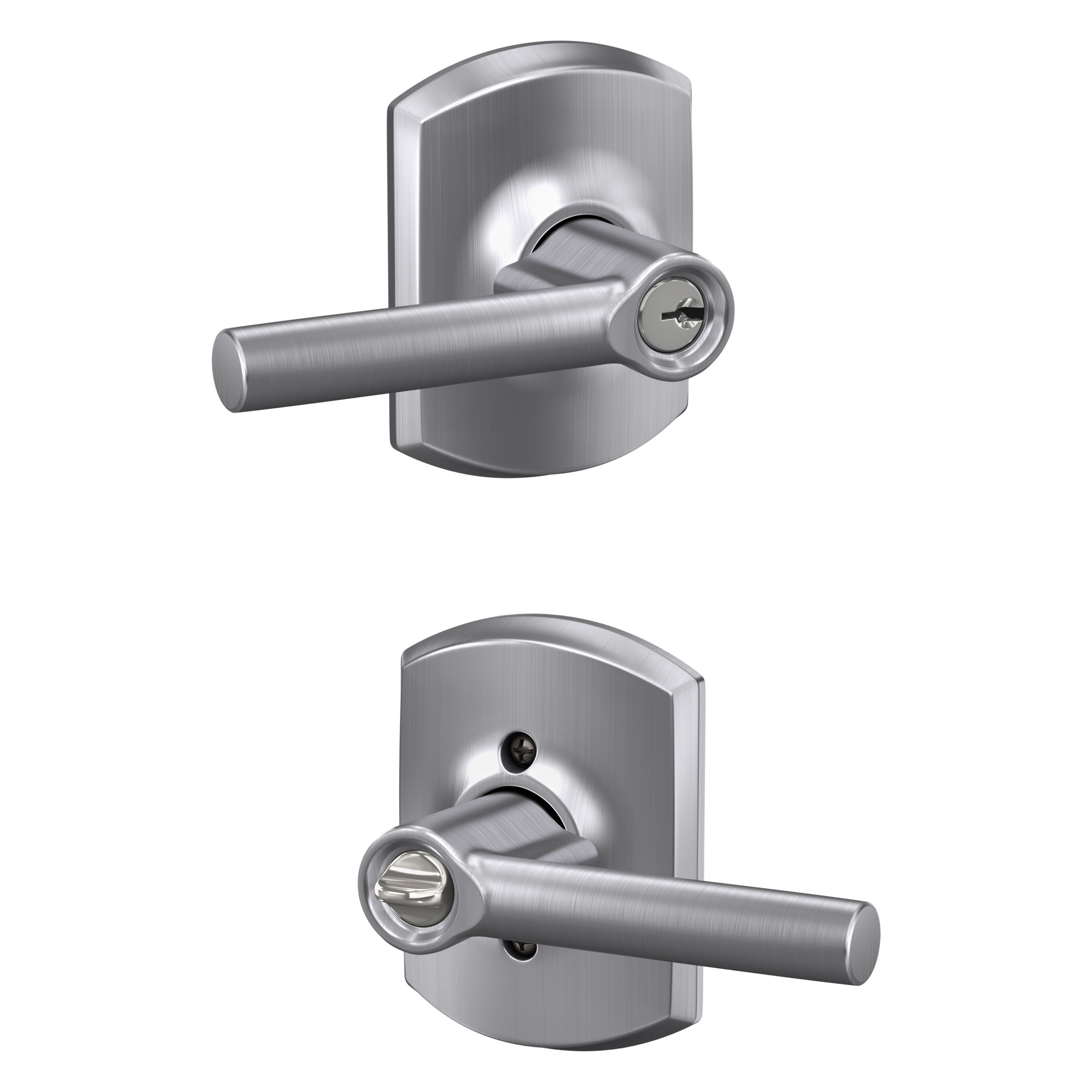 Schlage F51A BRW 626 GRW Broadway - Greenwich Satin Chrome Universal Exterior Keyed entry Door Handle
