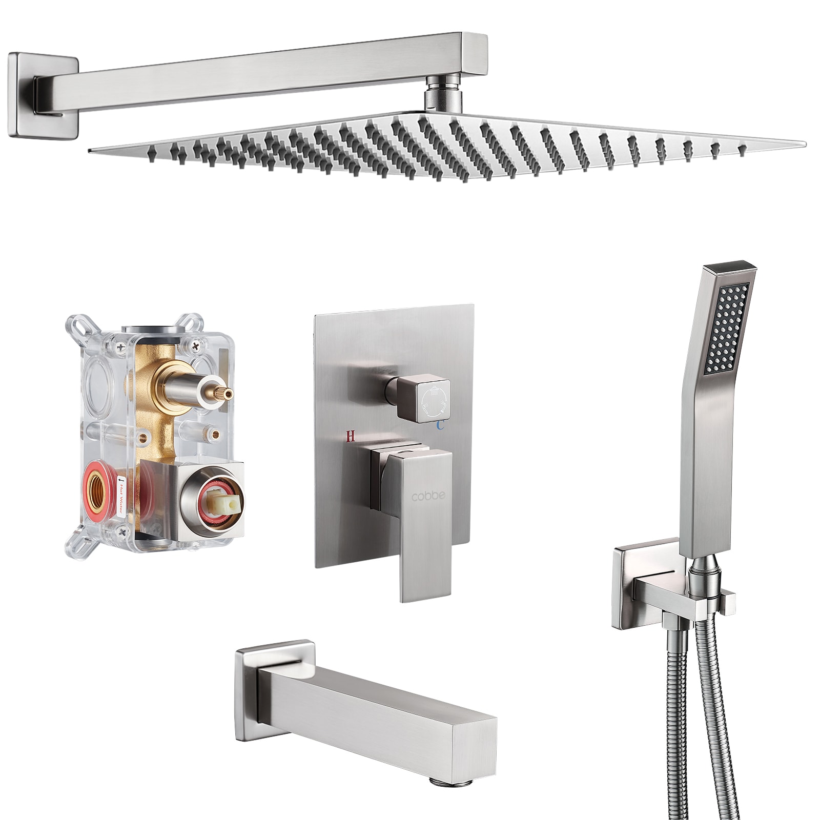 Cobbe LS1-KSA052 Brushed Nickel 12-Inches Waterfall Built-In Shower Faucet System with 3-way Diverter ( Pressure-balanced Valve Included )