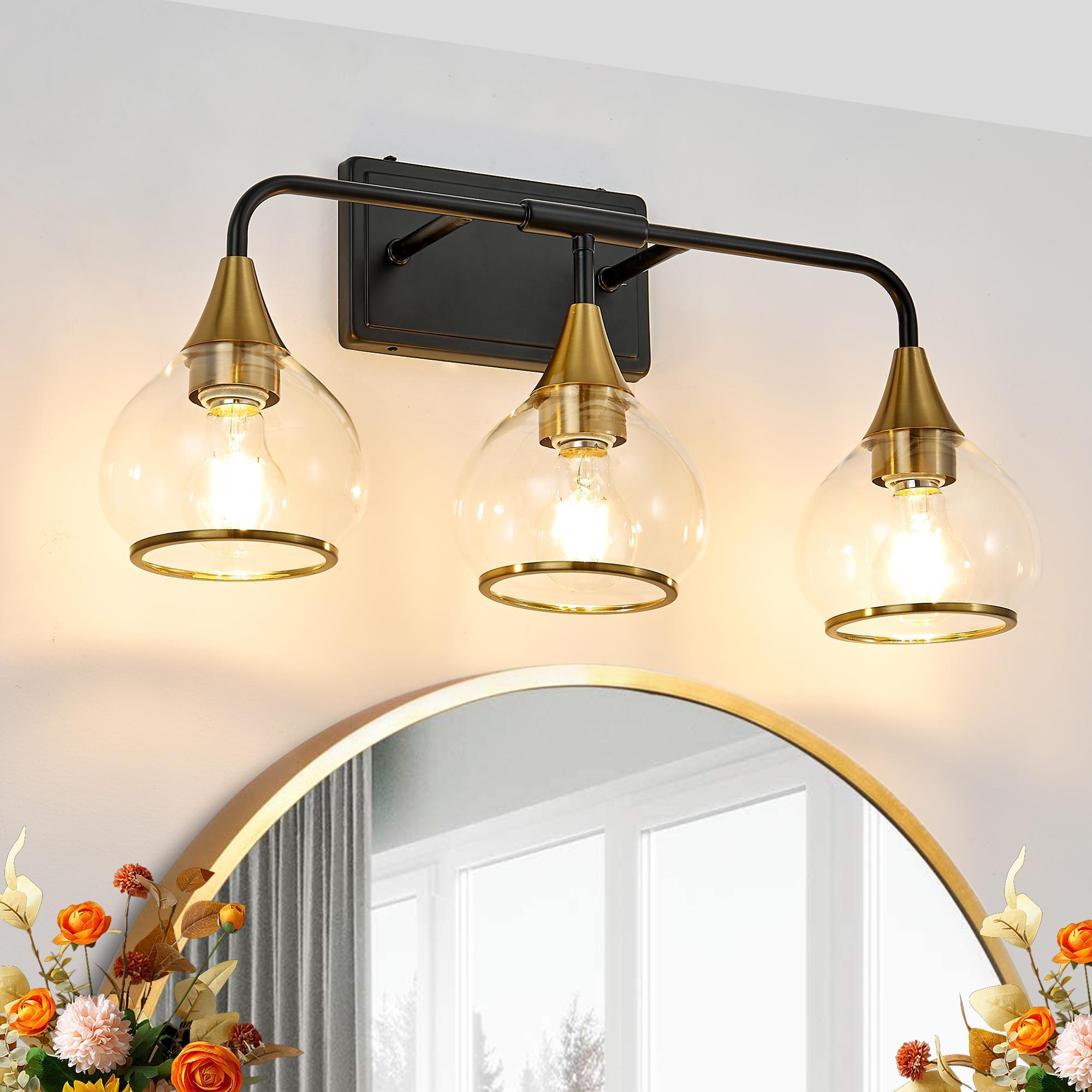 Bayfeve 3-Light 23 Inch Black and Gold Bathroom Vanity Light With Clear Glass Shade (Bulbs Not Included)