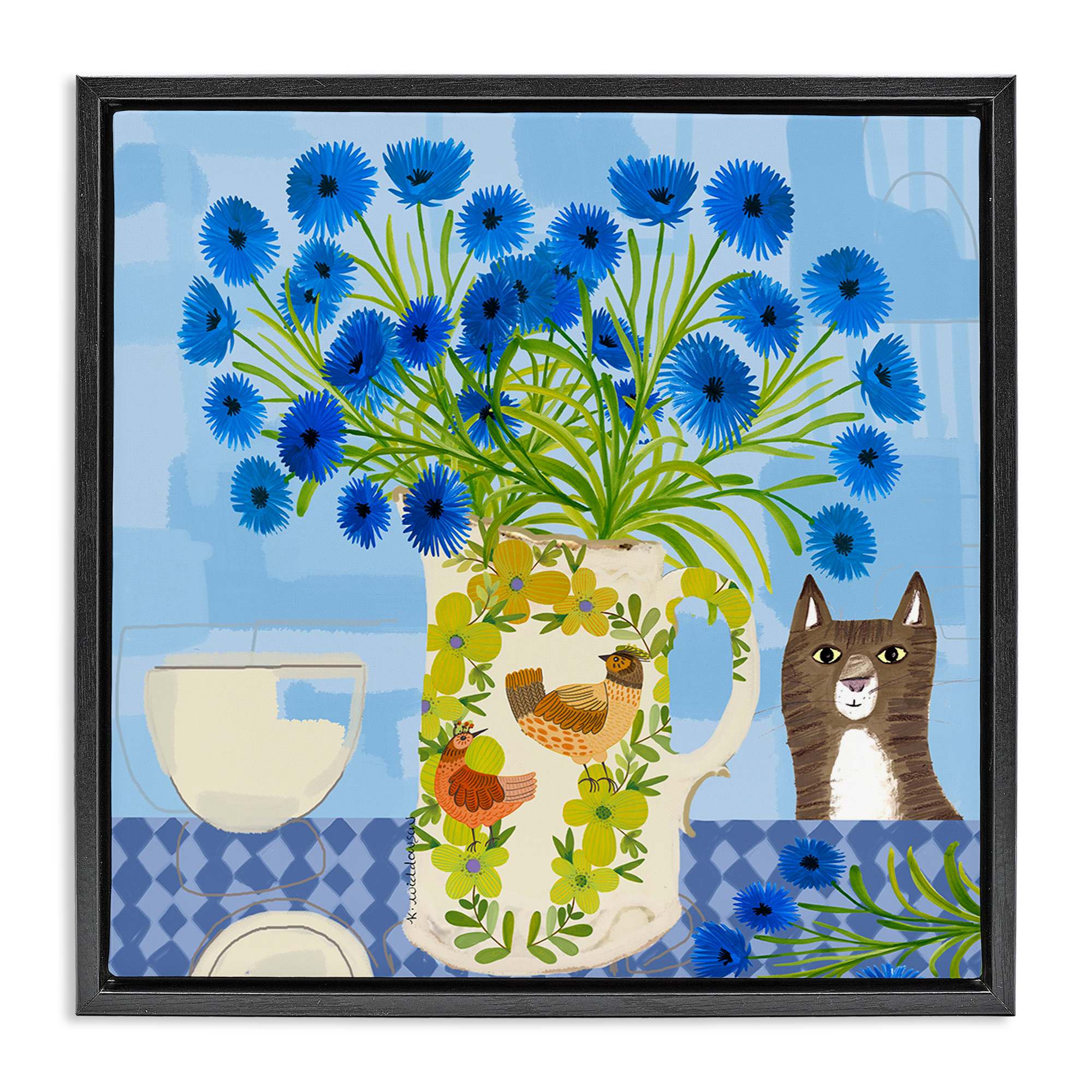 Stupell Industries BS-591-FFB-24X24 Whimsical Jug of Cornflowers Black Framed Floater Canvas Wall Art By Kay Widdowson 25 x 25