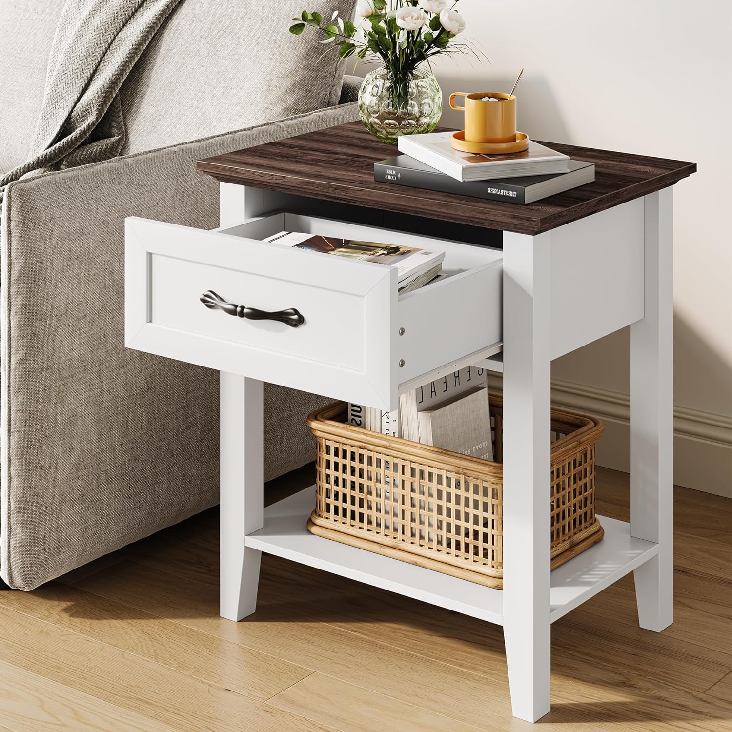 Qeetex DHZ-PHO-0W545NR6 Nightstand Wood Bedside Table with 1 Drawer and Open Storage Shelf Industrial Side Table Versatile Beside End Table for Bedroom Office Sofa Couch Small Spaces