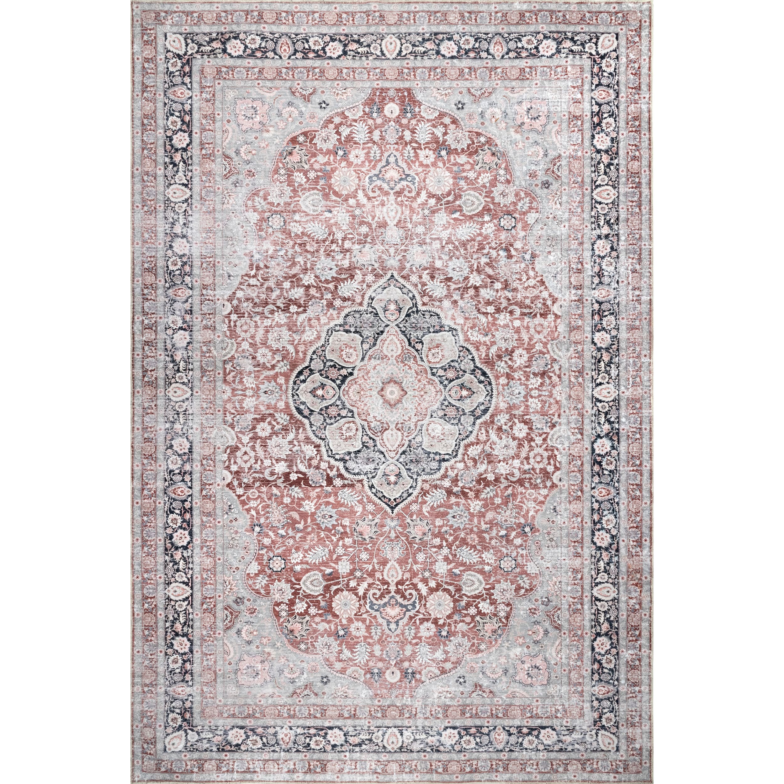 Red and Beige Synthetic 4' x 6' Washable Rectangular Area Rug