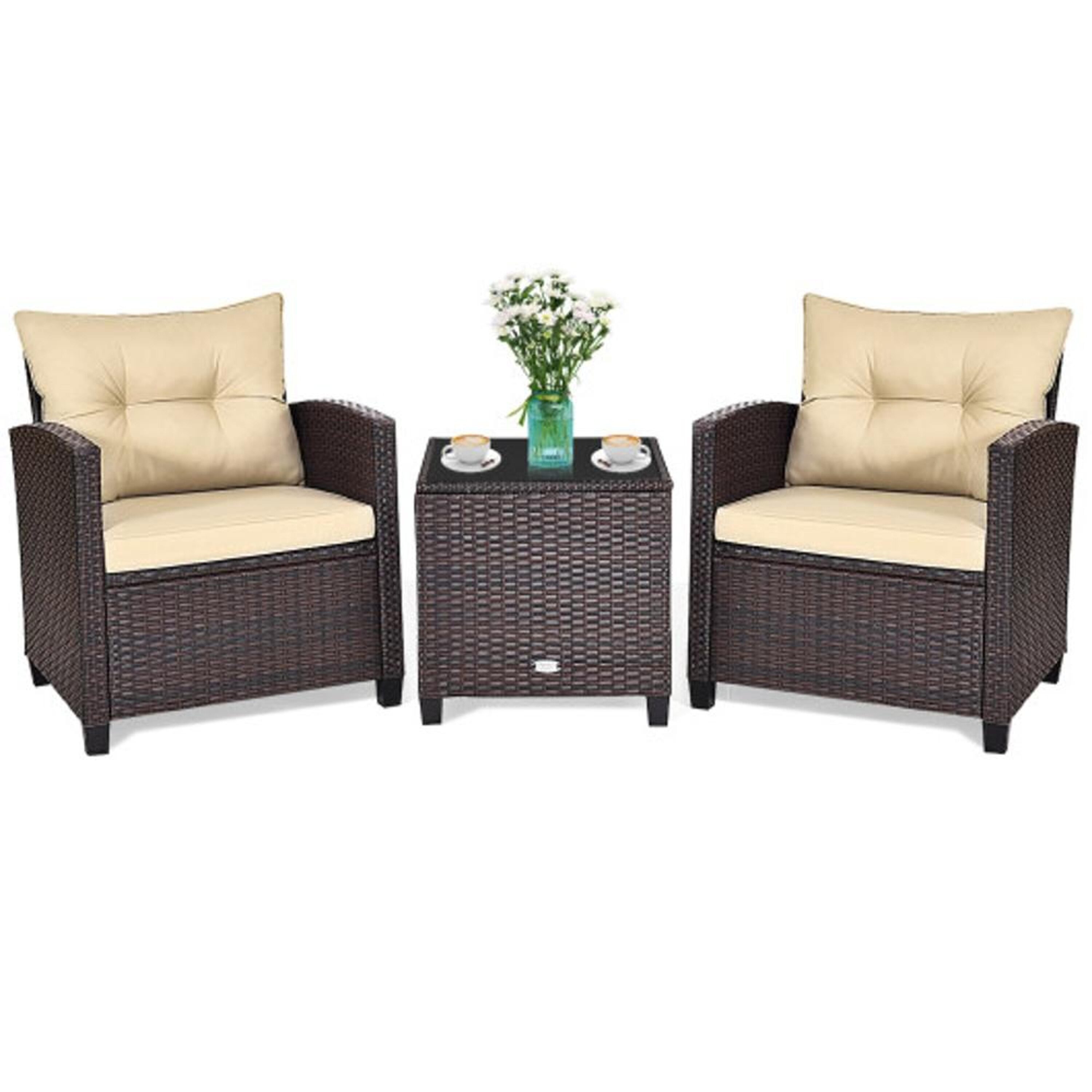 BABOOM BOM-8667BN-CO 3 -Piece Rattan Patio Conversation Set with Off-white Cushions