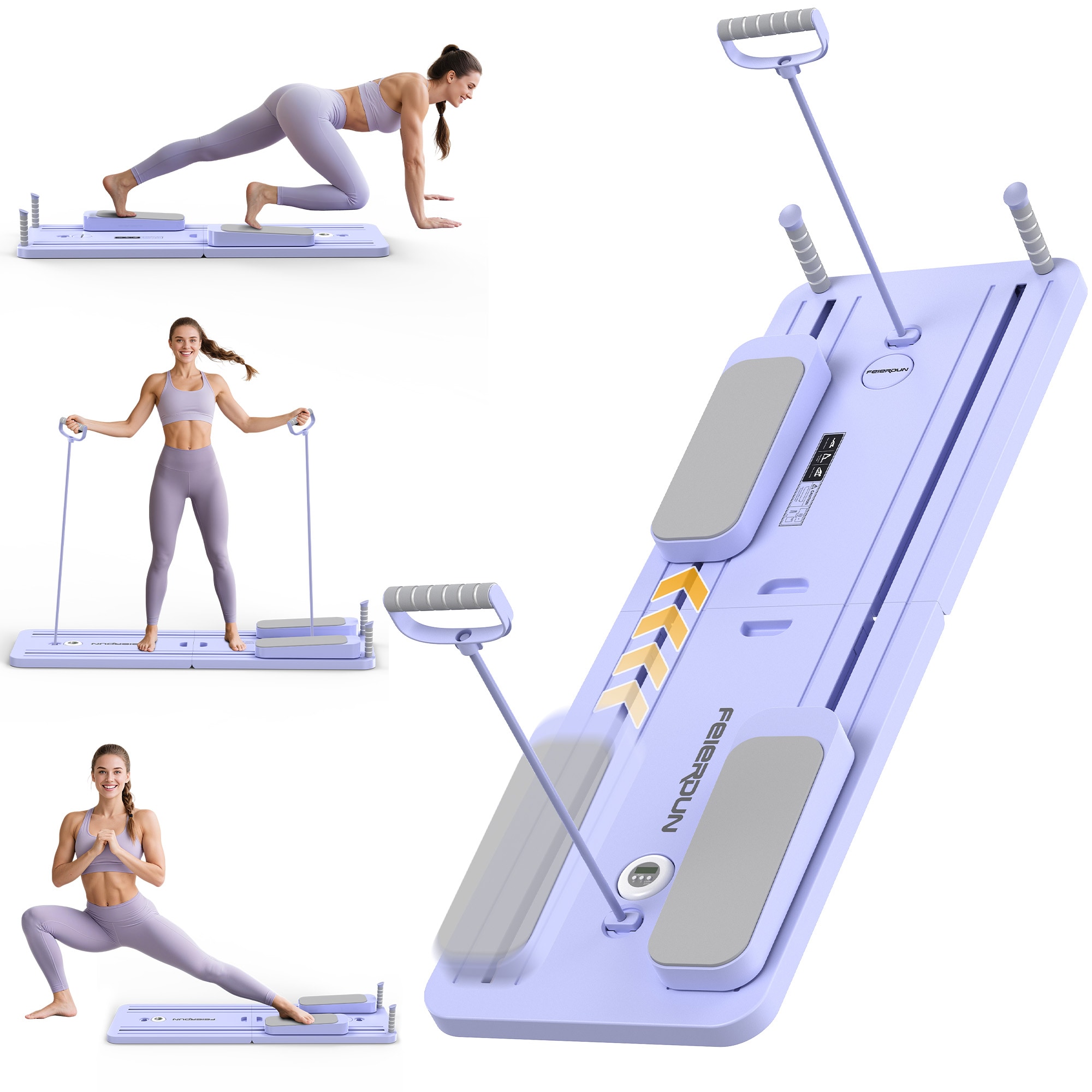 FED Fitness FEIERDUN 5 in 1 Folding Purple Pilates Board Pilates Reformer Set with 300 LBS Weight Capacity Portable Home Pilates for Woman