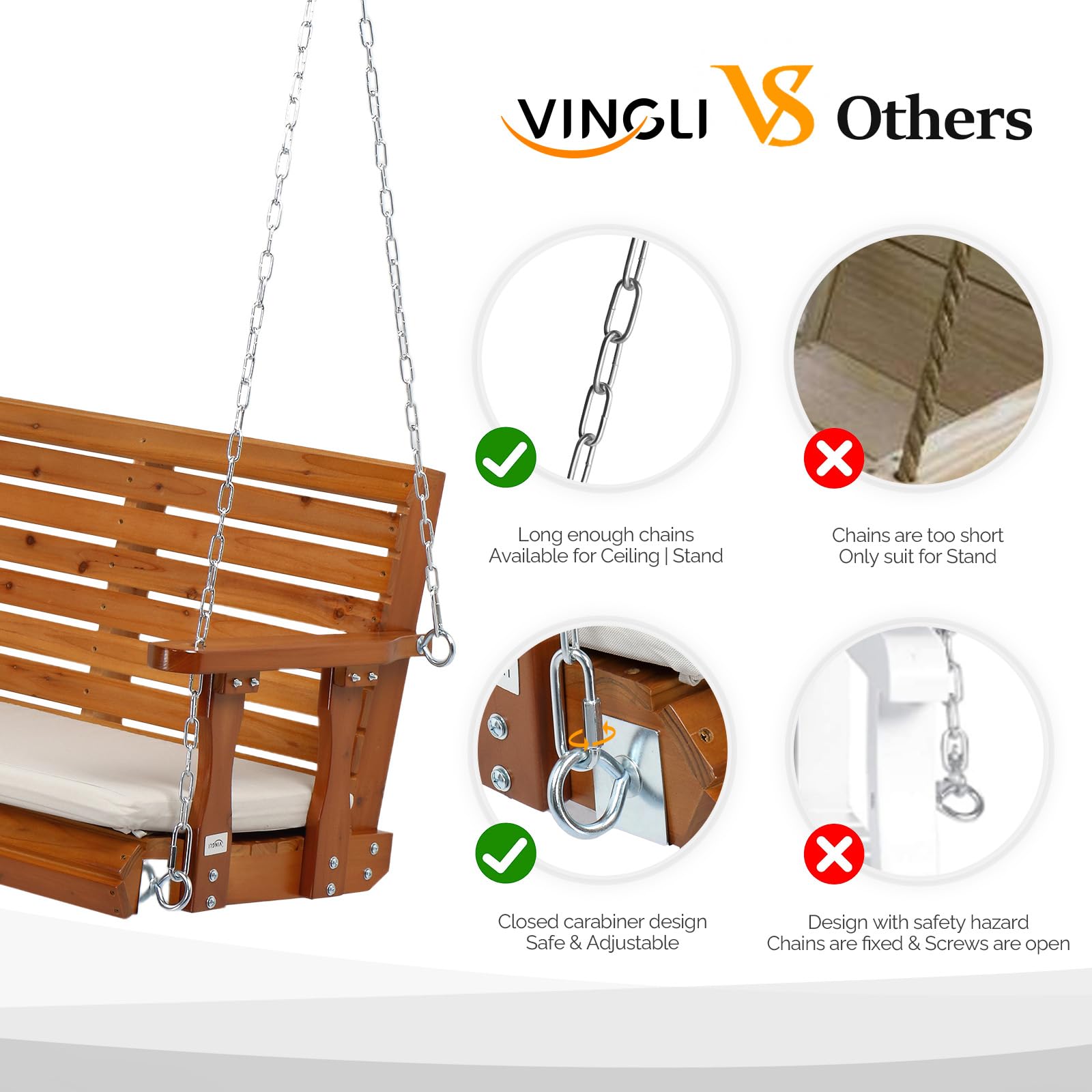 VINGLI 5 FT 3-Seater Brown Wooden Porch Swing - Thumbnail 5