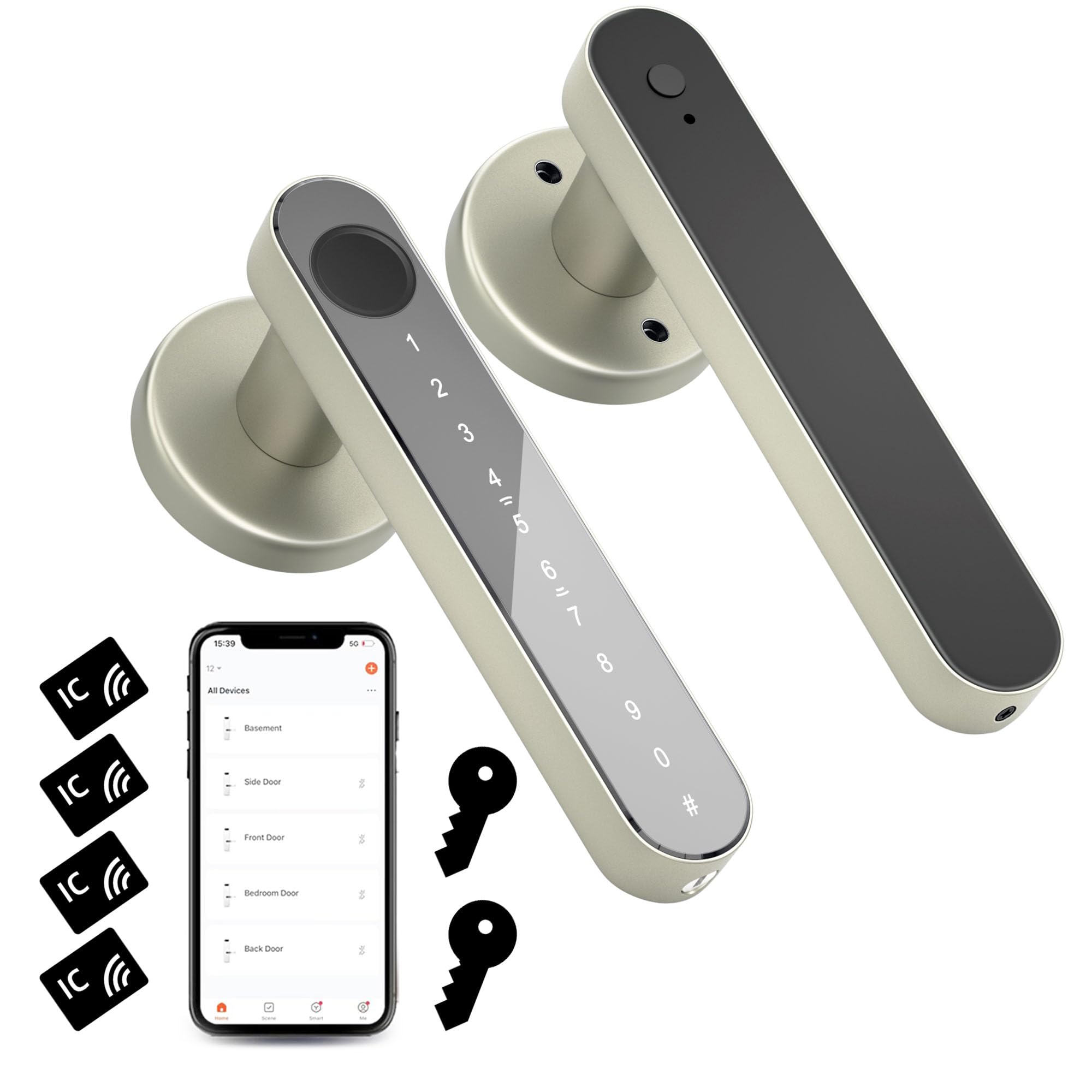 Oyezvary  Smart Fingerprint Door Lock Champagne Gold Keyless Entry Door Knob with Keypad Fob and App Control for Bedroom Home Office Apartment