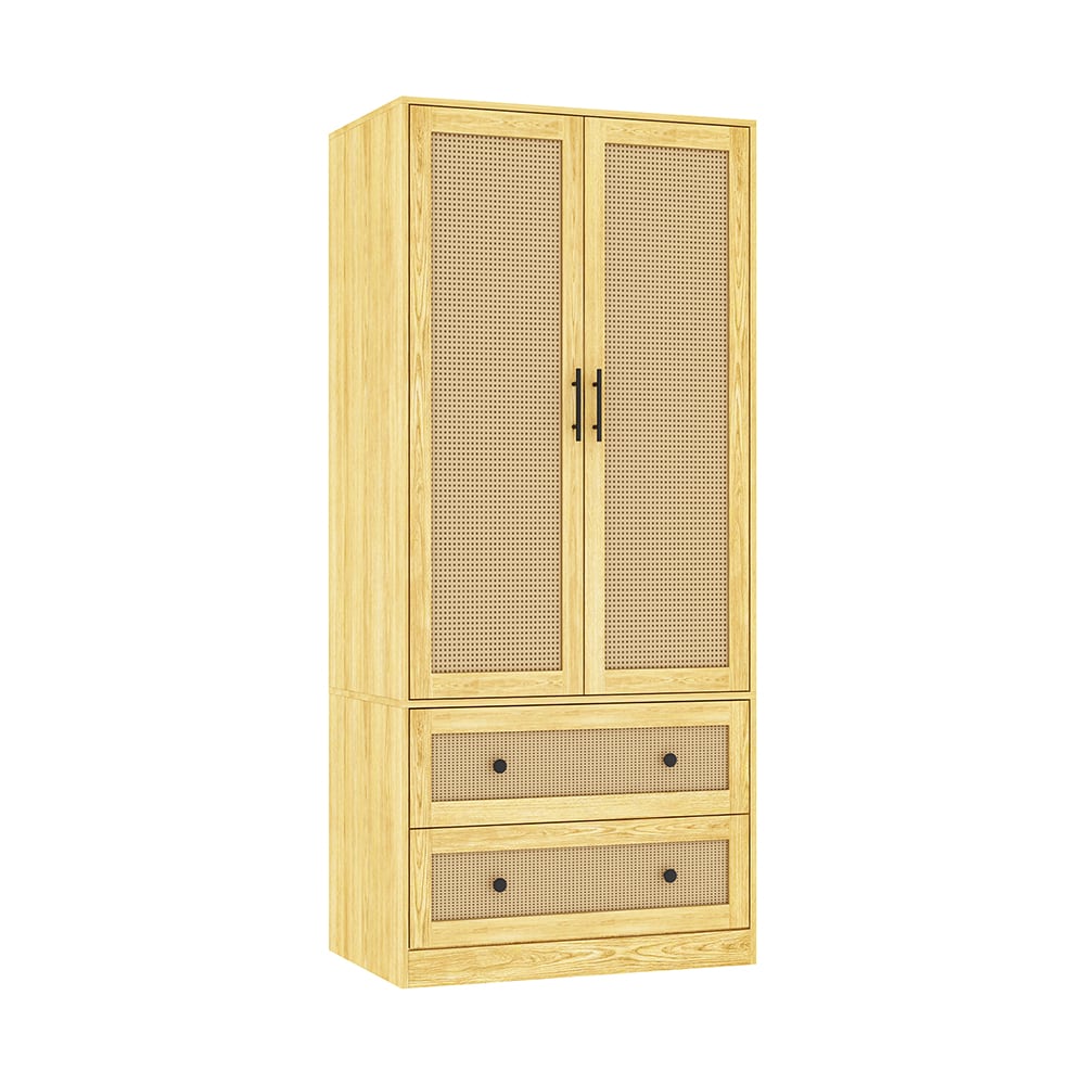 Homsee C-KF020380-01 Modern Yellow Wardrobe Armoire with Natural Rattan Doors and Spacious Drawer Storage
