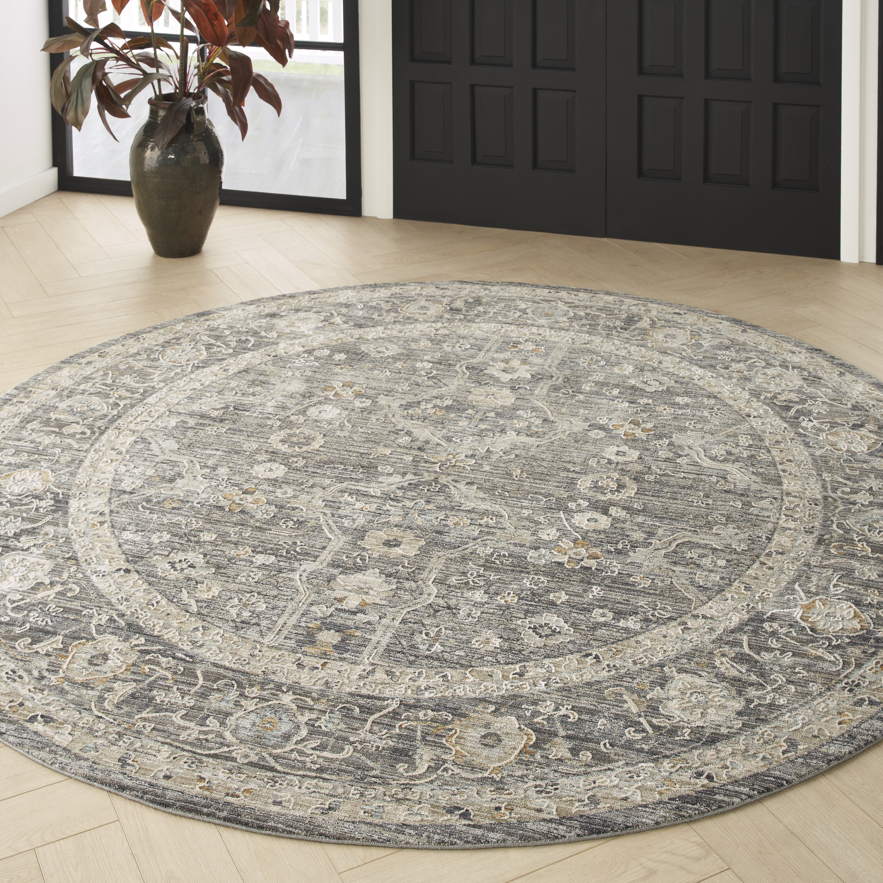 Nyle Slate Multicolor Round Bohemian Floral Rug