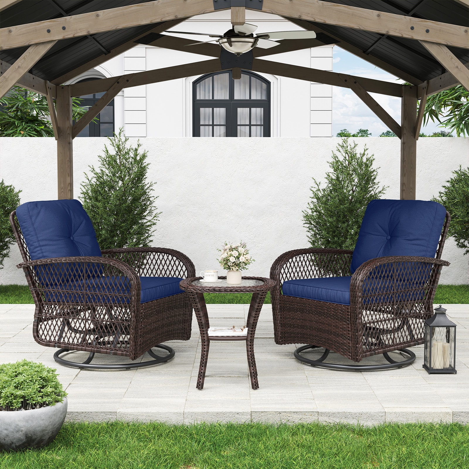 AOXUN LS-036BU-3 3 -Piece Rattan Patio Conversation Set with Blue Cushions