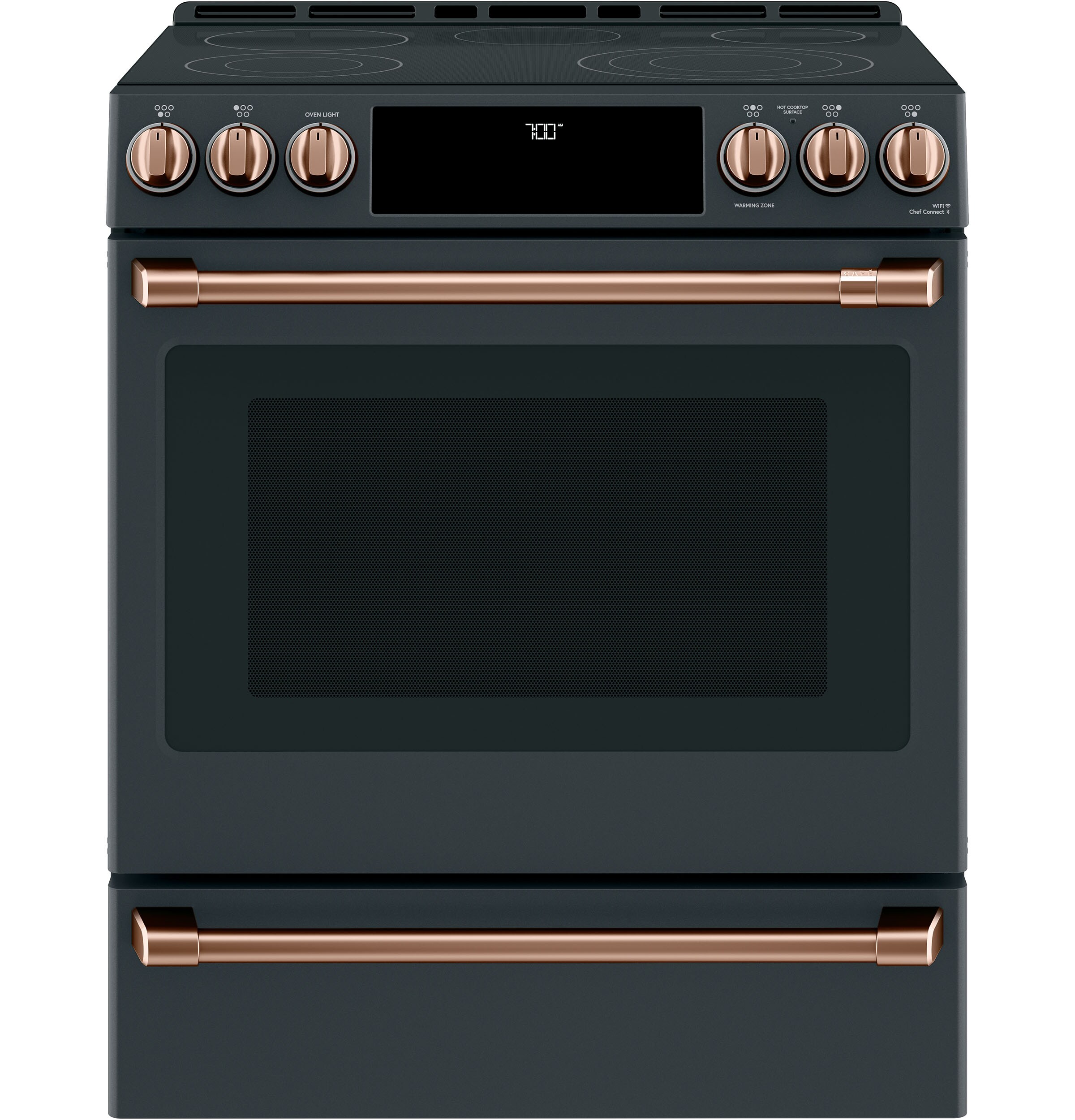 white stove with copper handles