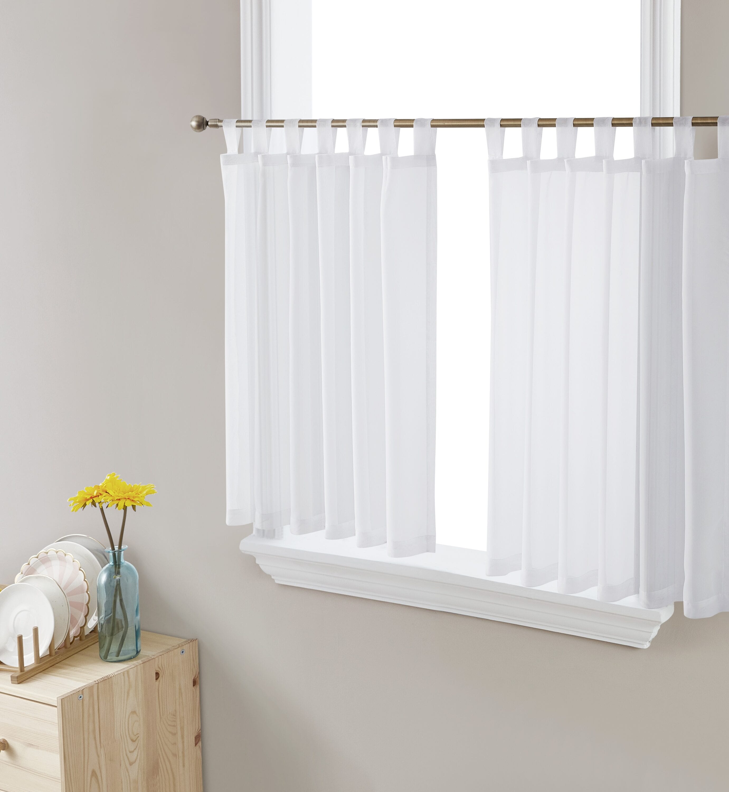 HLC.me SHR-TBTP-WHT36 36-Inches White Polyester Top tab Sheer Tier curtain