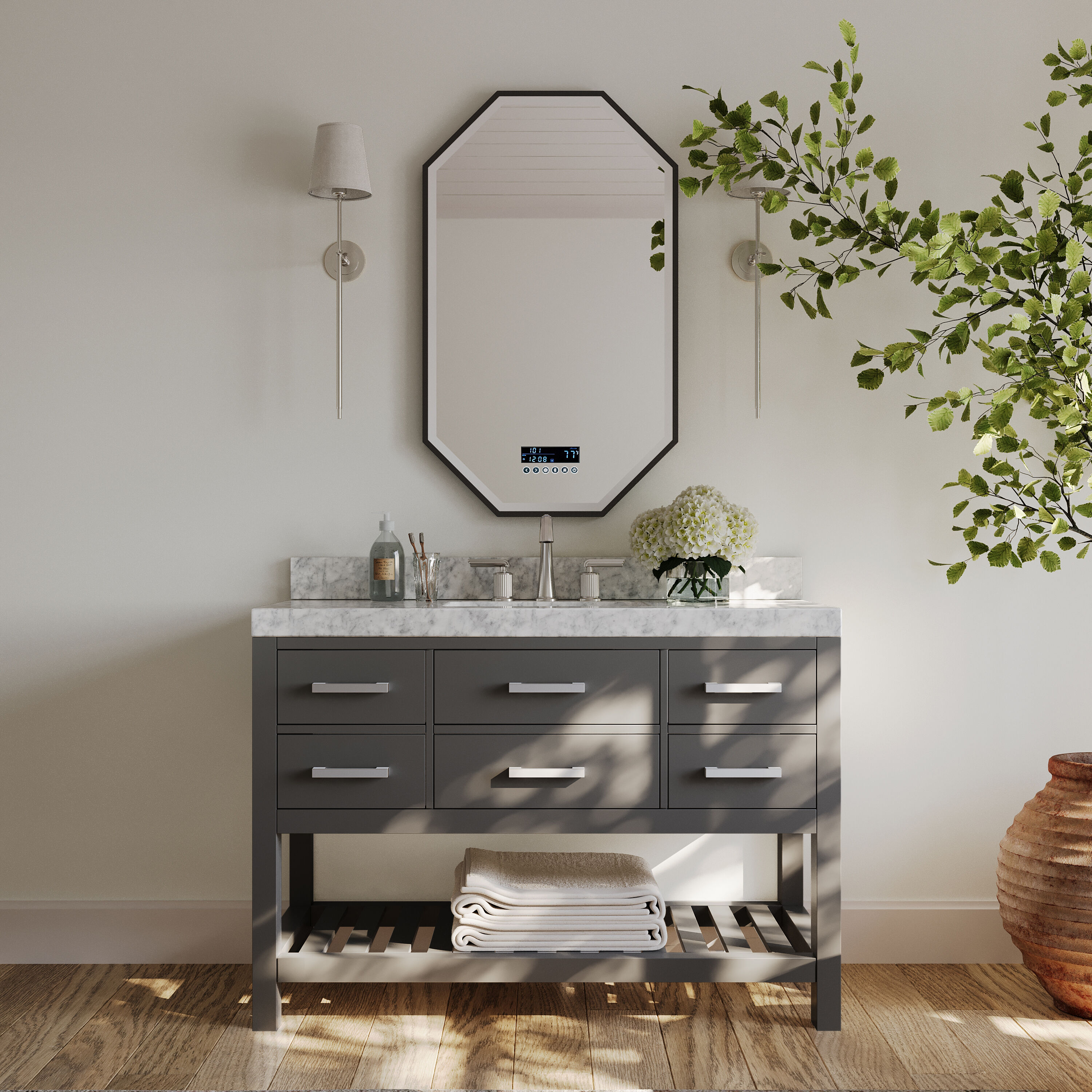 Ancerre Designs VTSELIZABETH48SGCW1 Elizabeth 48-in Sapphire Gray Undermount Single Sink Bathroom Vanity with Carrara White Natural Marble Top