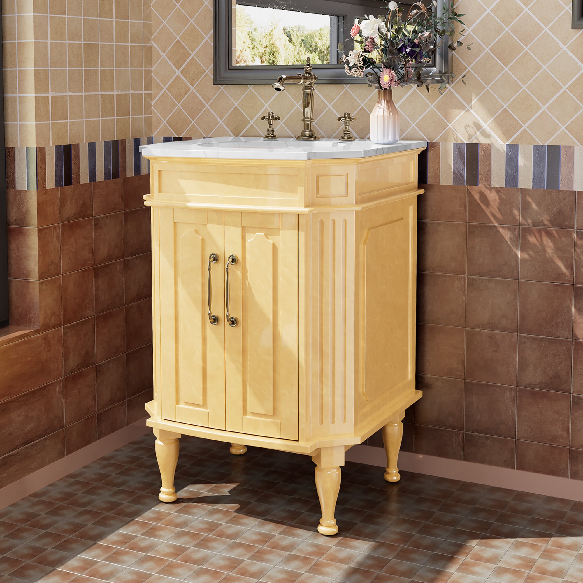 JEAREY JE-XNELD-1-DK Bathroom vanties with top 24-in Yellow Single sink Bathroom Vanity with White Ceramic Top