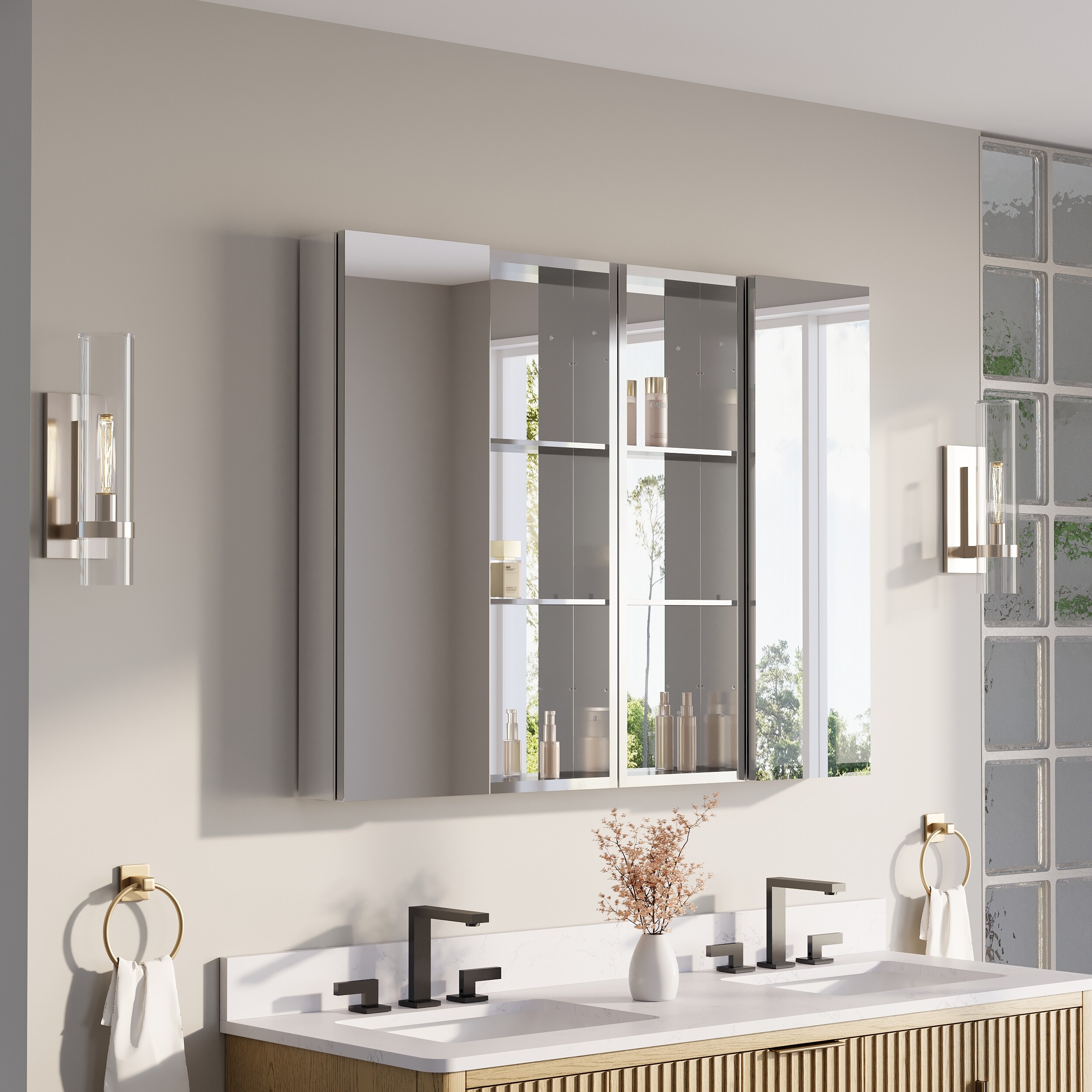 CALVON CLRO Medicine Cabinet 48-in x 36-in Surface/Recessed Mount Polished Chrome Mirrored Rectangle Soft Close Medicine Cabinet