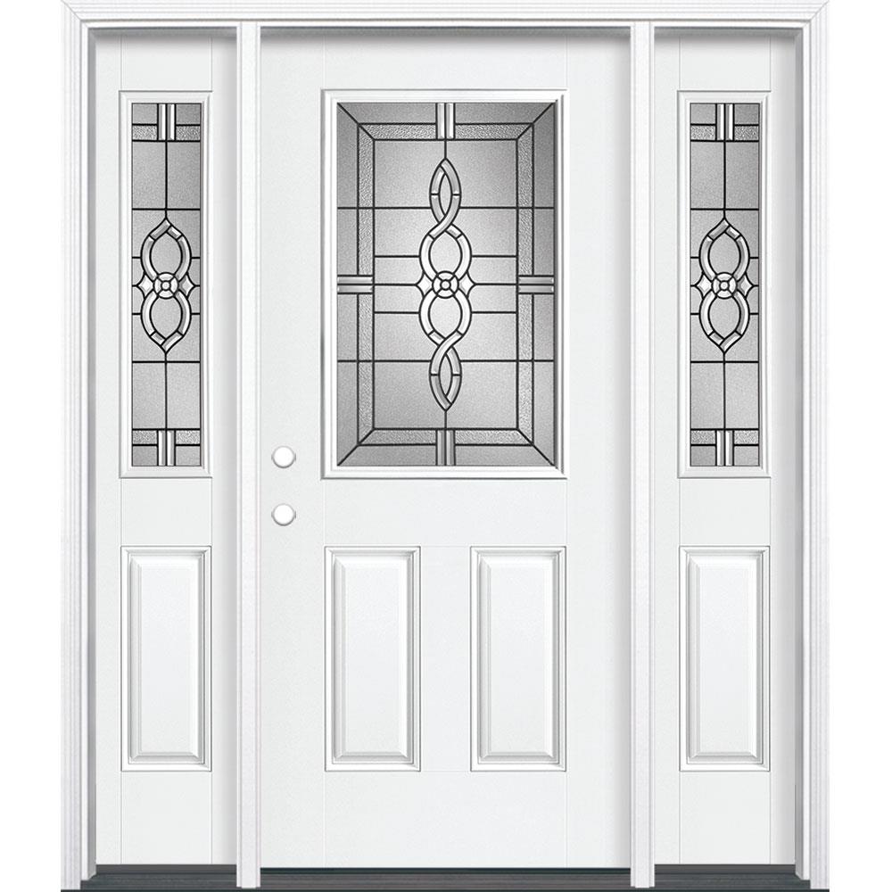 Masonite 997629 Calista 64-in x 80-in Fiberglass Half Lite Right-Hand Inswing Modern White Painted Single Front Door with Sidelights with Brickmould Insulating Core