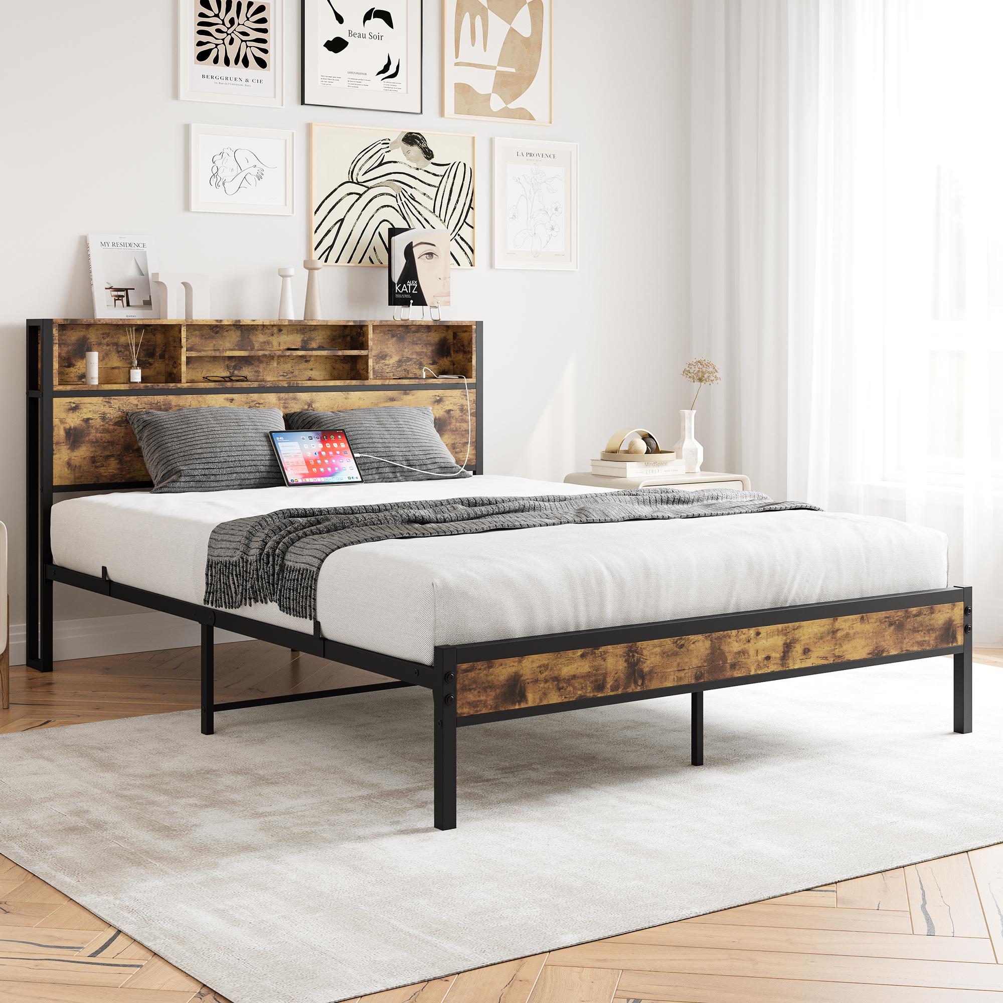 Bayfeve BF-320342K-IN Bed Frame with Storage Headboard Brown Queen Metal Bed frame Bed with Storage