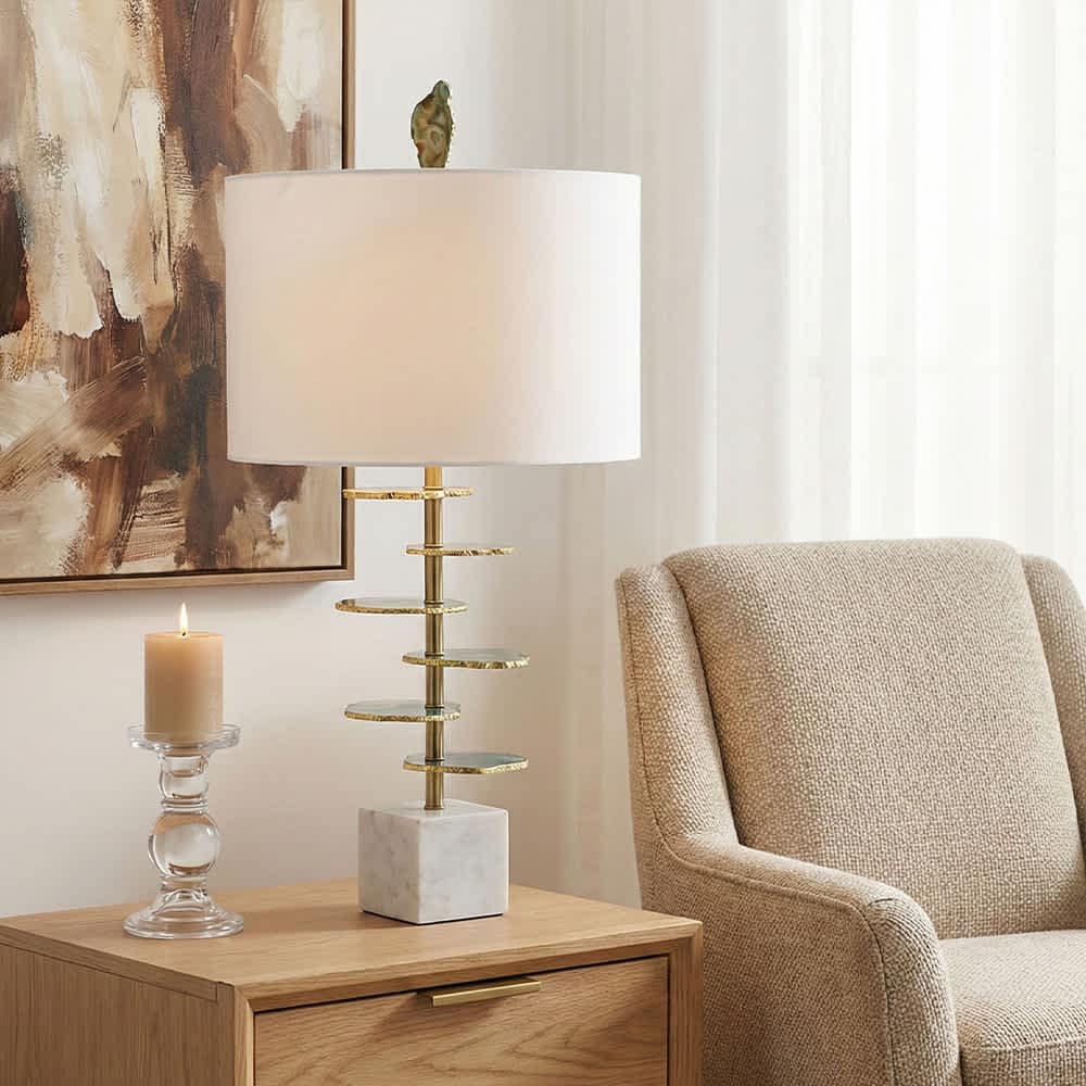 Coolbibila Green Agate Slice Table Lamp with Marble Base and Drum Shade Modern Accent for Living Room Bedroom