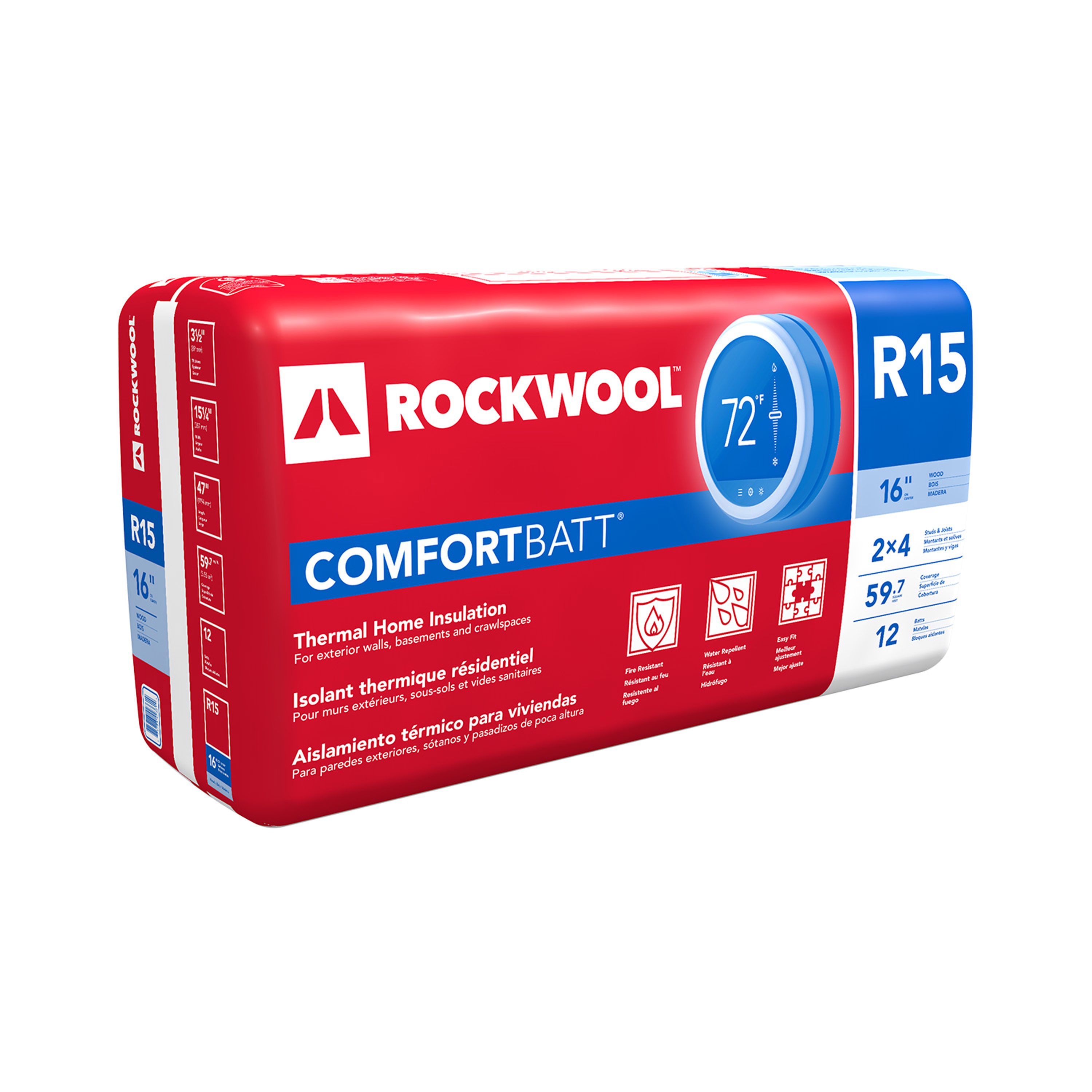 ROCKWOOL COMFORTBATT R- 15 Attic Wall 59.7-sq ft Unfaced Stone Wool Batt Insulation (15.25-in W x 47-in L) Individual Pack 1 total Piece | RXCB351525