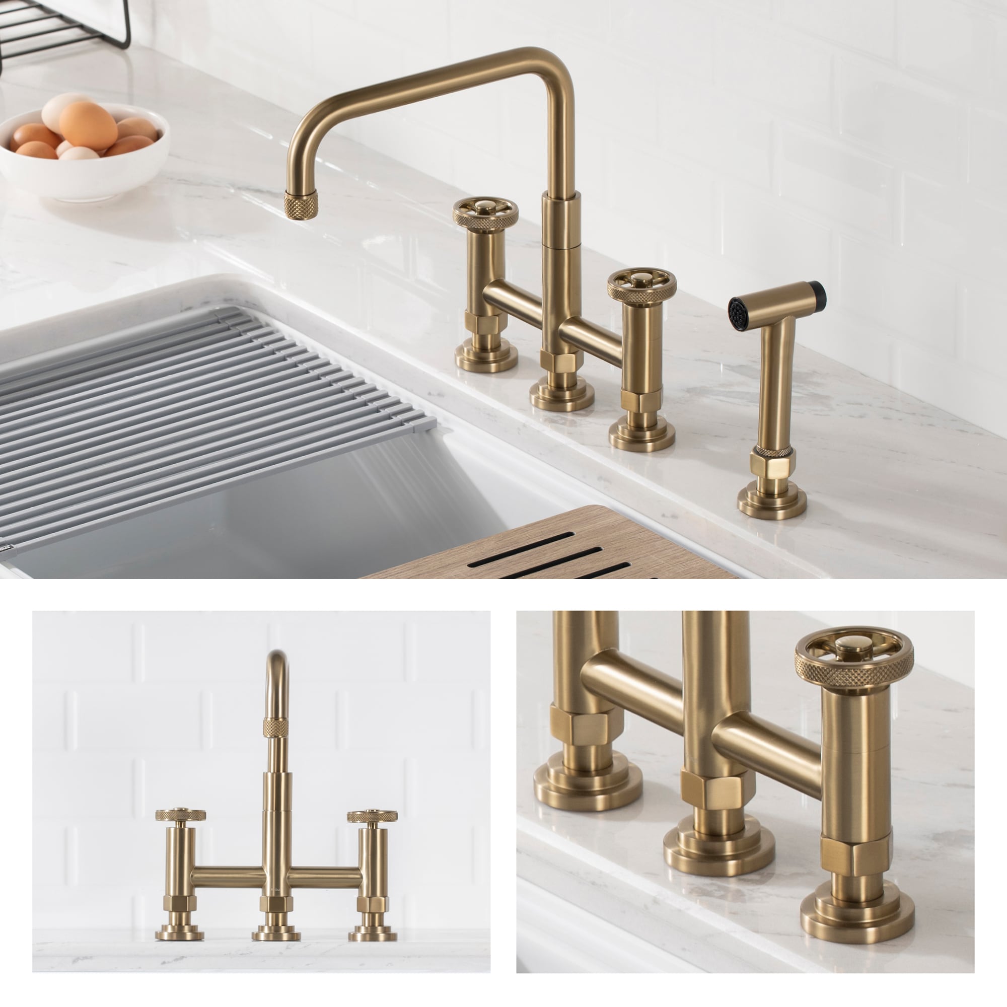 Urbix Brushed Gold Stainless Steel Bridge Faucet with Side Sprayer