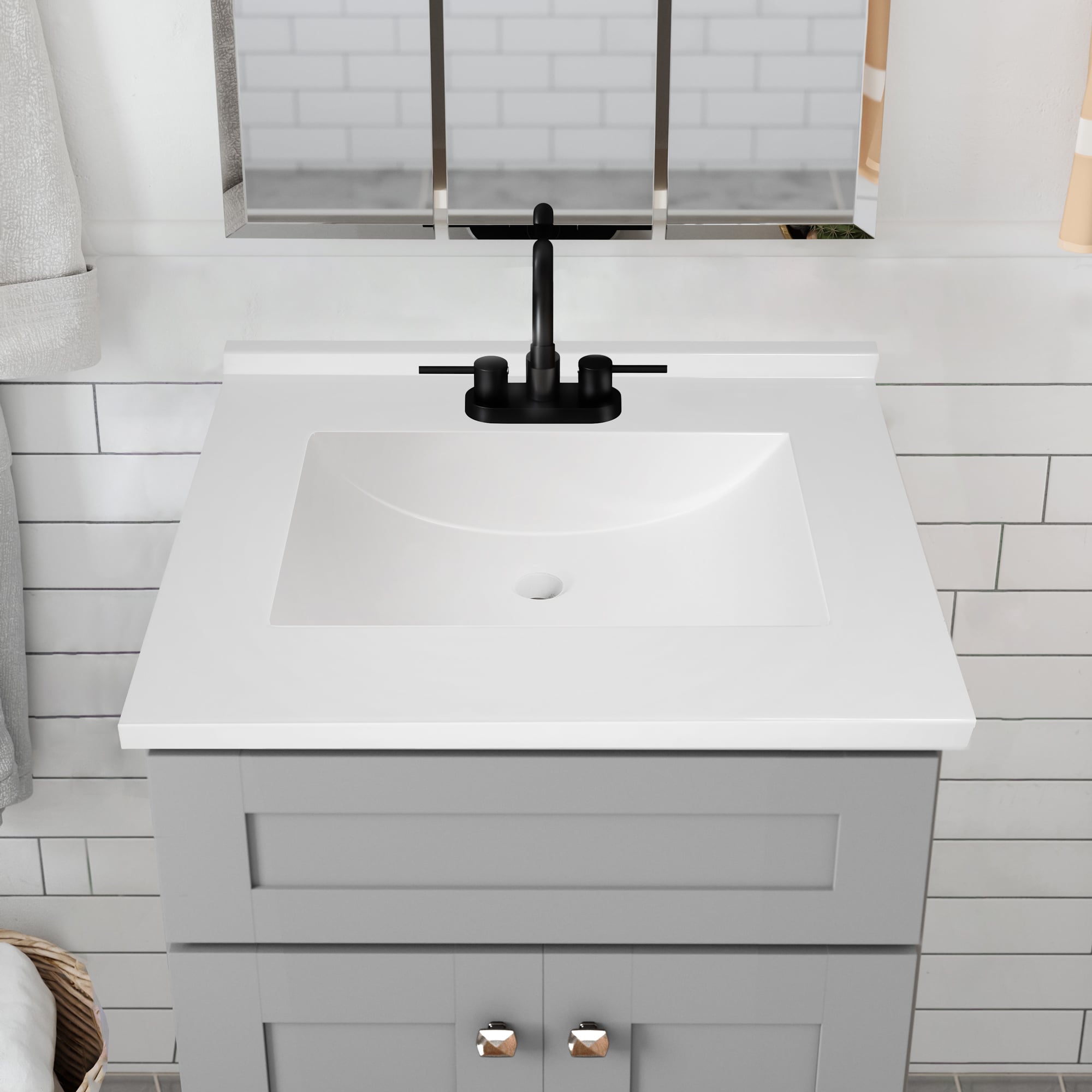25-Inch Solid White Cultured Marble Vanity Top with Backsplash