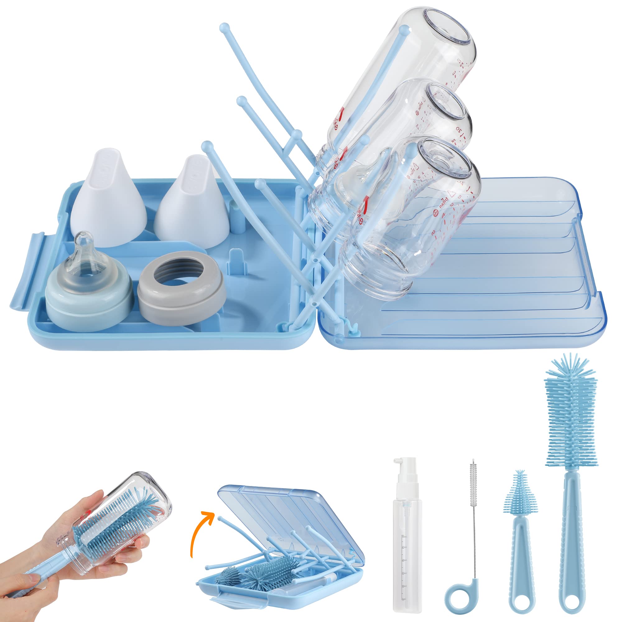 LILILIAN FMY  6-in-1 Silicone Bottle Brush Set with Nipple Cleaner Straw Brush Soap Dispenser Storage Box and Drying Rack for Travel