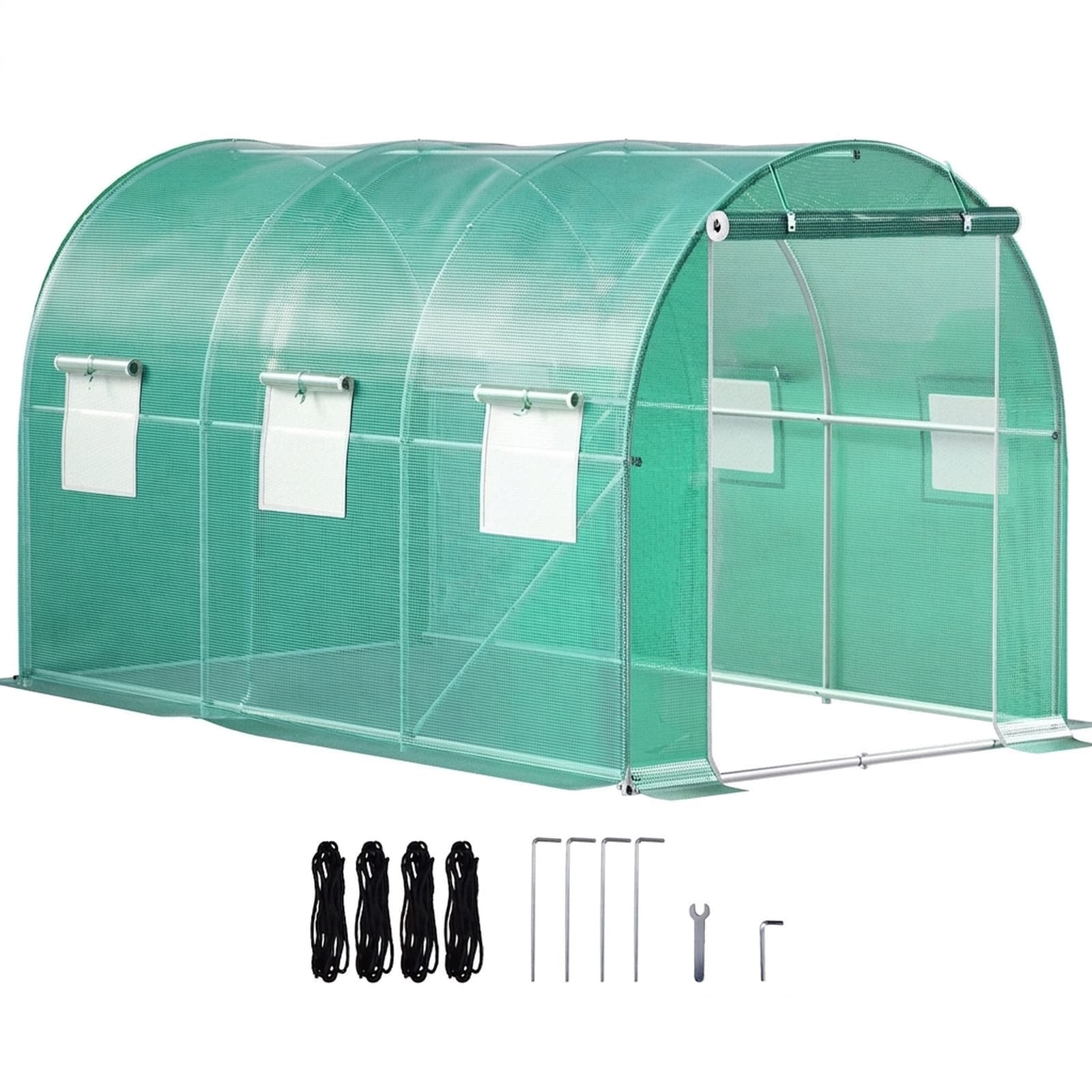 GIVIMO Walk-in Tunnel Greenhouse 12-ft x 7-ft x 7-ft Green Portable Hoop House with Galvanized Steel Frame PE Cover Zippered Door and 6 Roll-up Mesh Windows