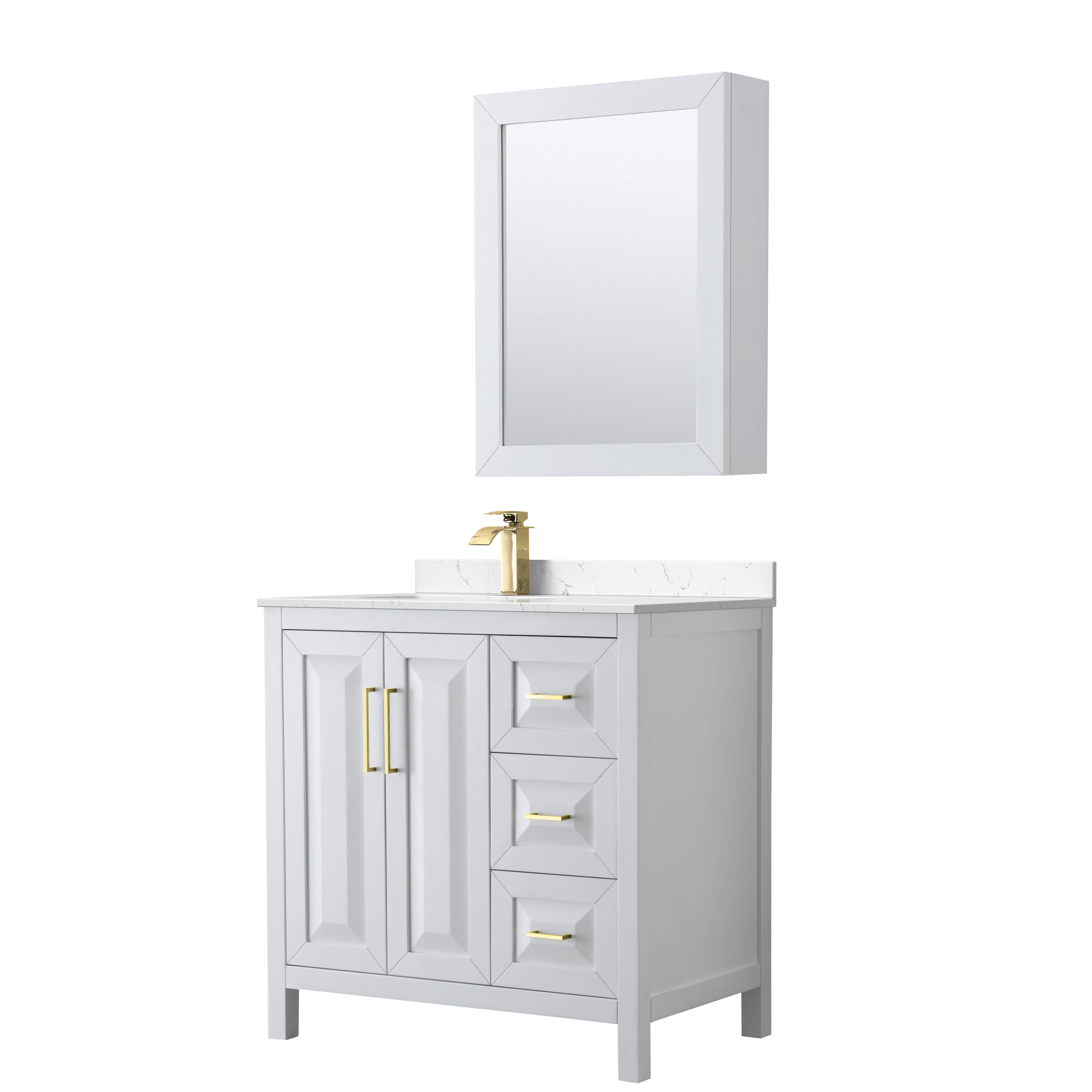 Wyndham Collection WCV252536SWGC2UNSMED Daria 36-in White Undermount Single Sink Bathroom Vanity with Carrara Cultured Marble Top (Mirror Included)