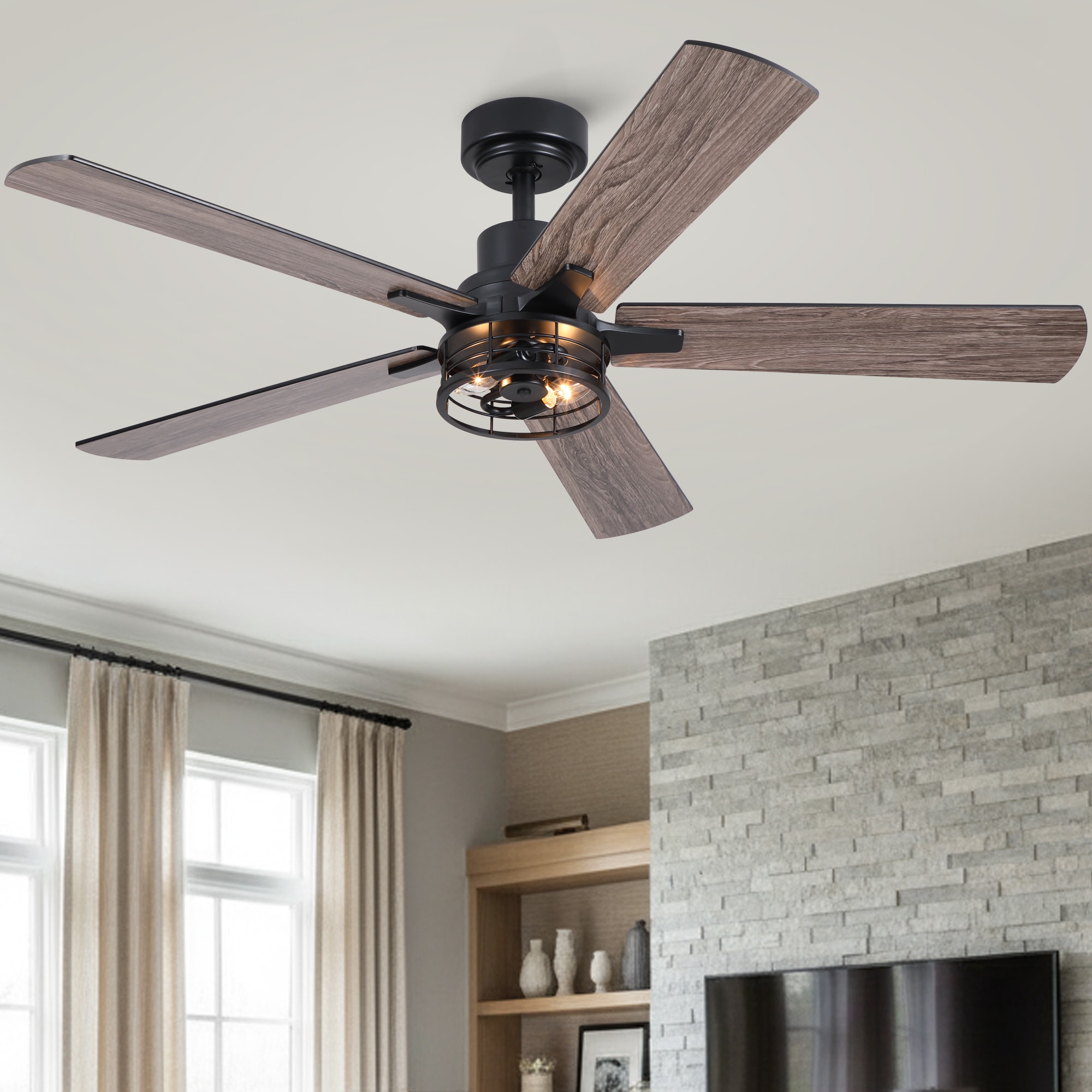 Sevenine Ventrad 52 in. Matte Black With Reversible Blades Indoor Downrod Ceiling Fan With Light and Iron Cage Cover No Bulbs Included