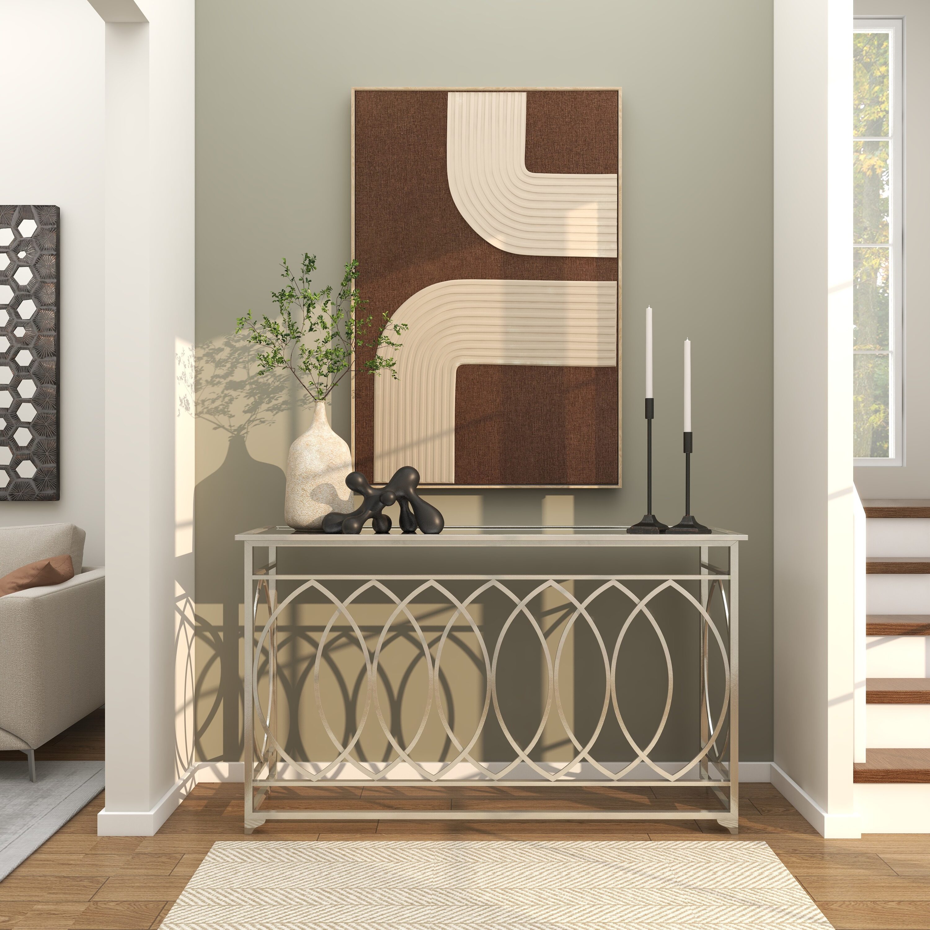 Silver Metal and Glass Geometric Console Table