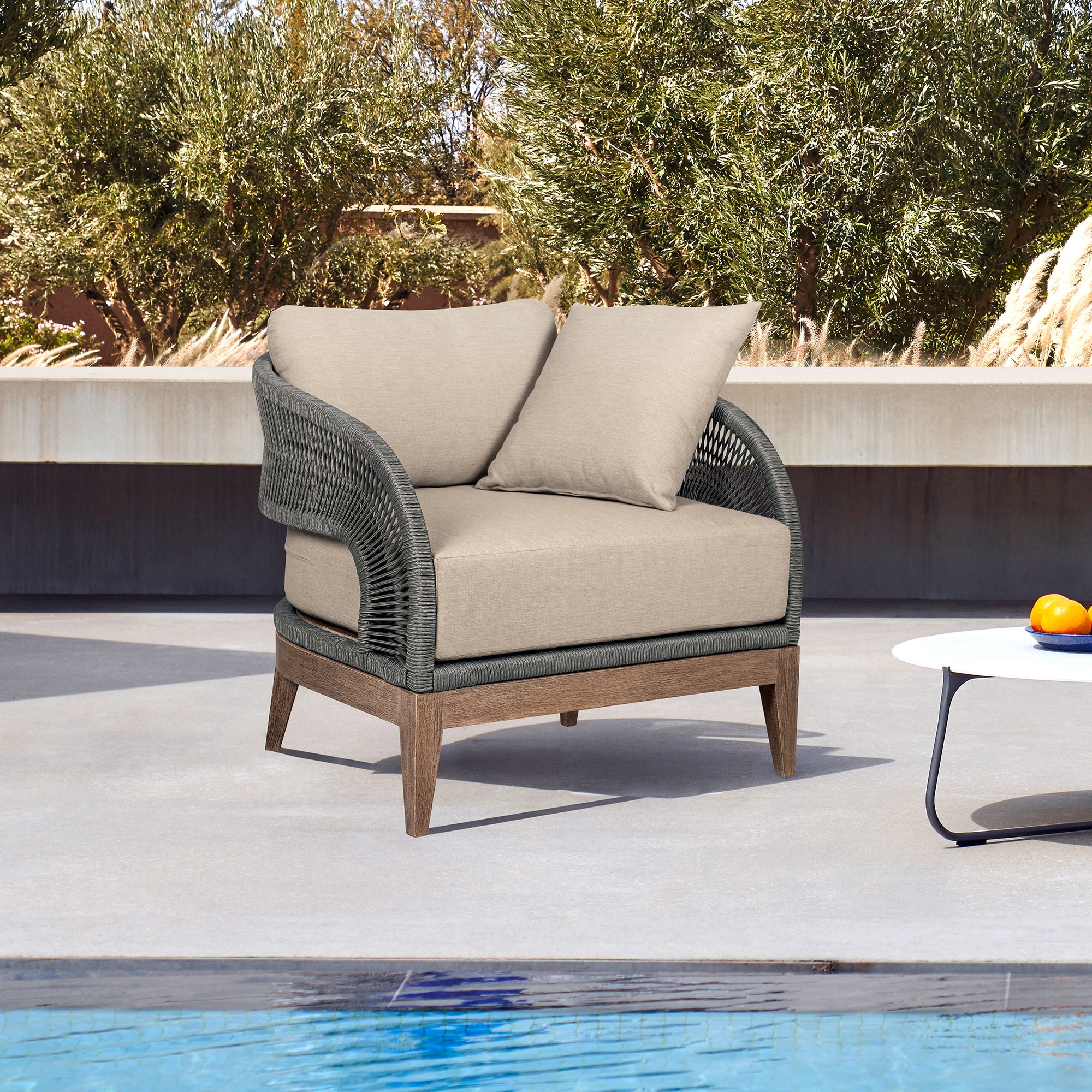 Orbit Eucalyptus Wood Outdoor Chair with Gray Rope and Taupe Cushions