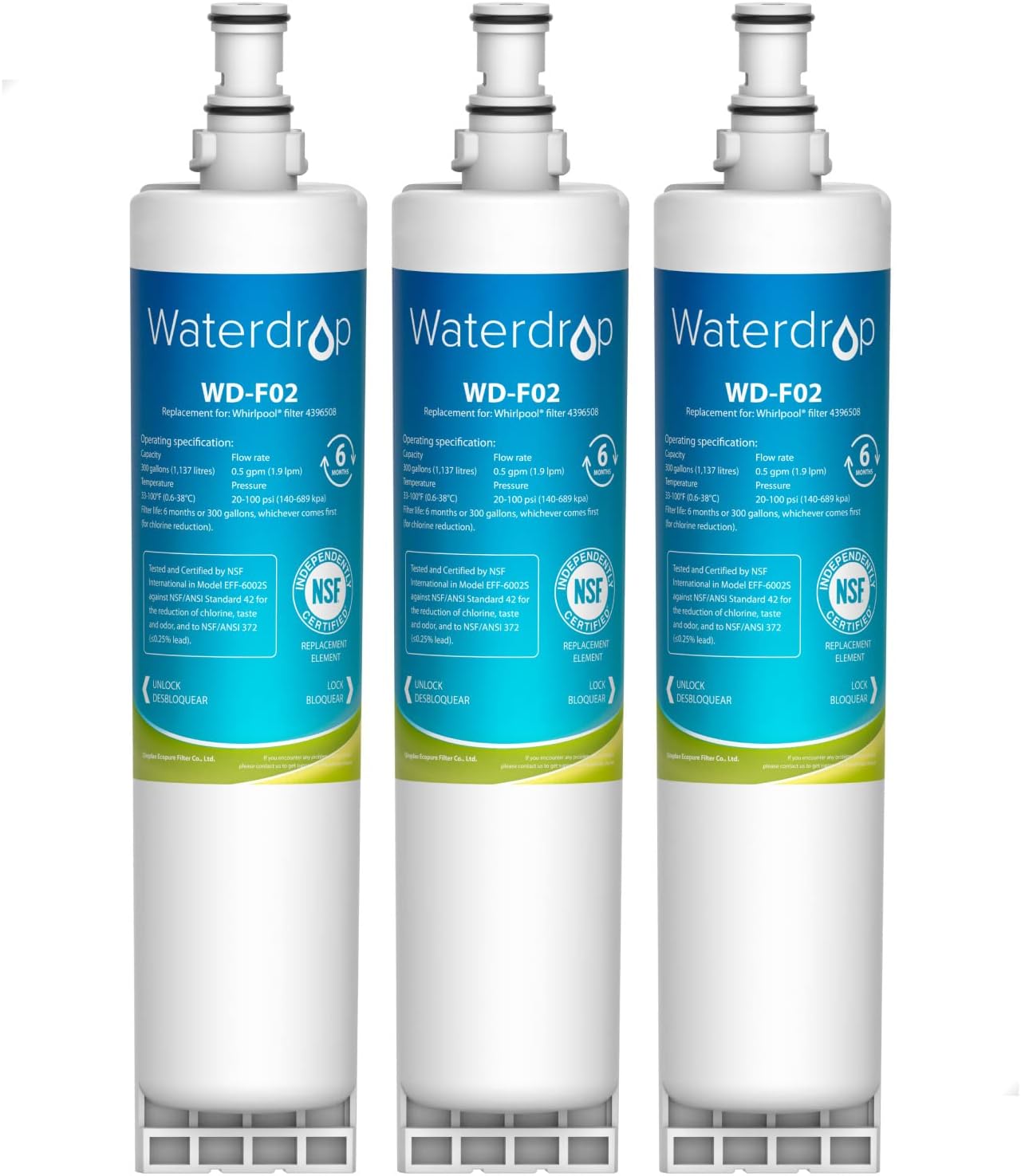 Waterdrop BL-WD-4396508-3 Twist-in Refrigerator Water Filter 4396508 Replacement for Whirlpool 4396510,EDR5RXD1,NLC240V 3 -Pack