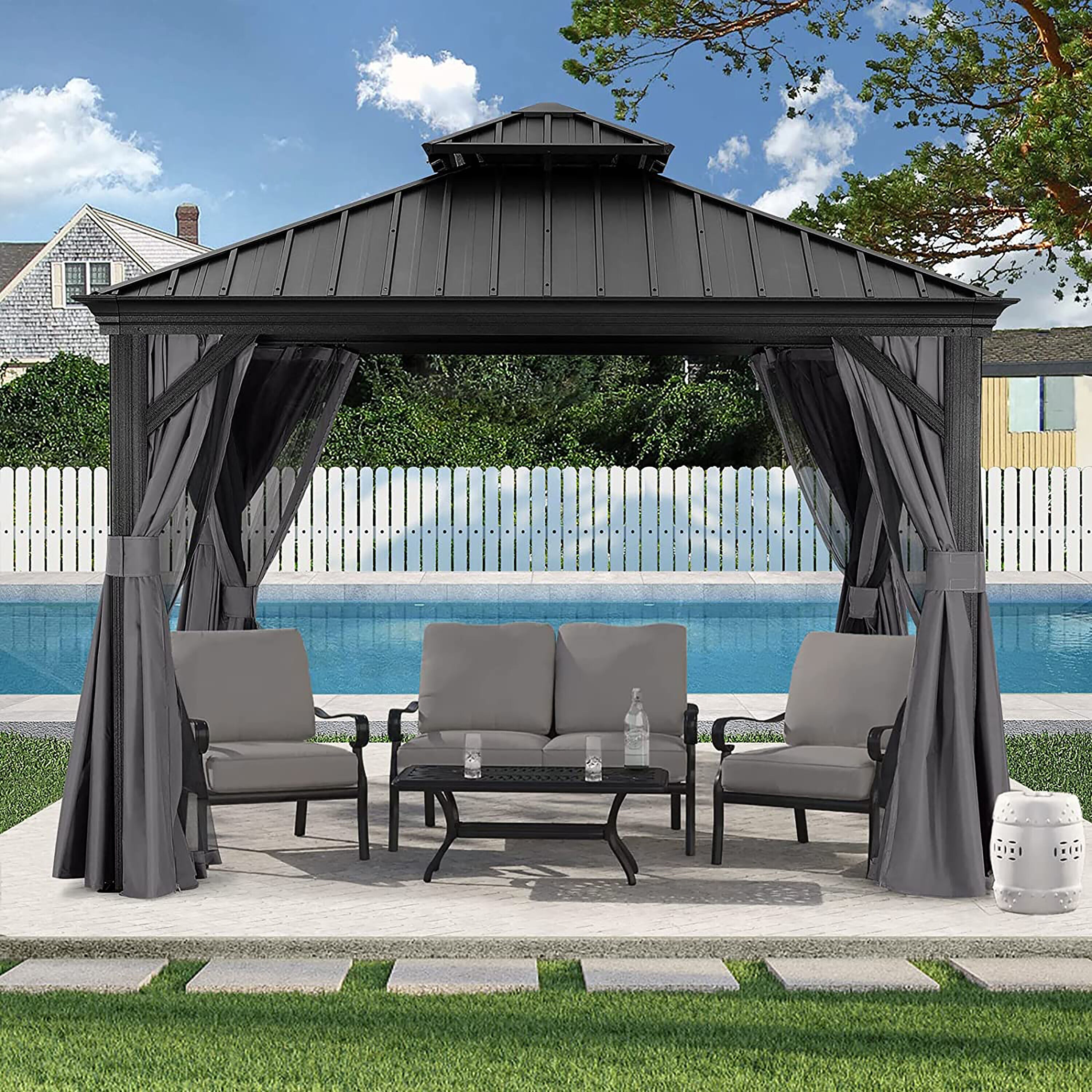 ABCCANOPY 12-ft x 12-ft Rectangle Dark Gray Metal Steel Roof Gazebo ...