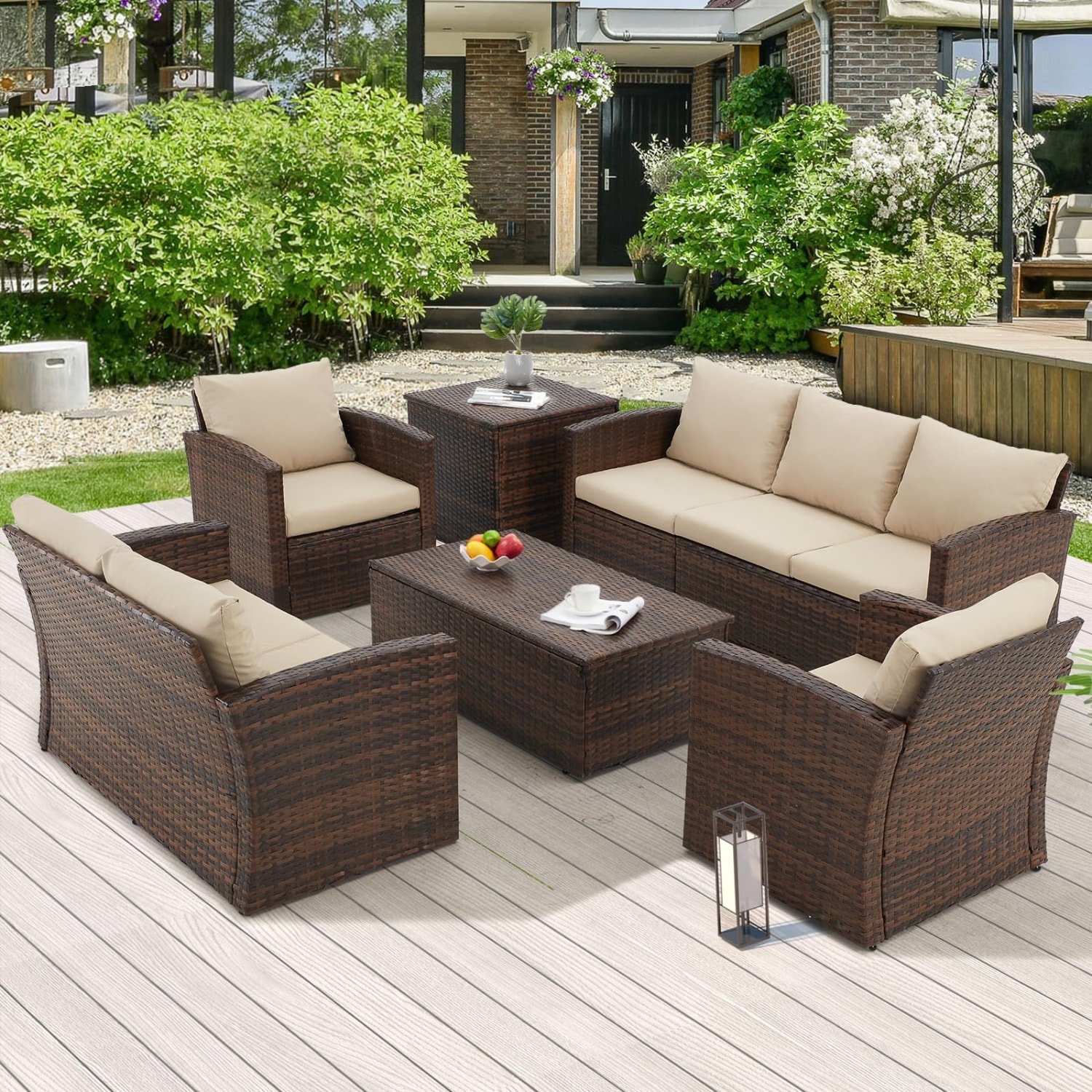 AECOJOY 16080BR-LS01 Conversation Set Outdoor Sectional with Beige Cushions and Wicker Frame
