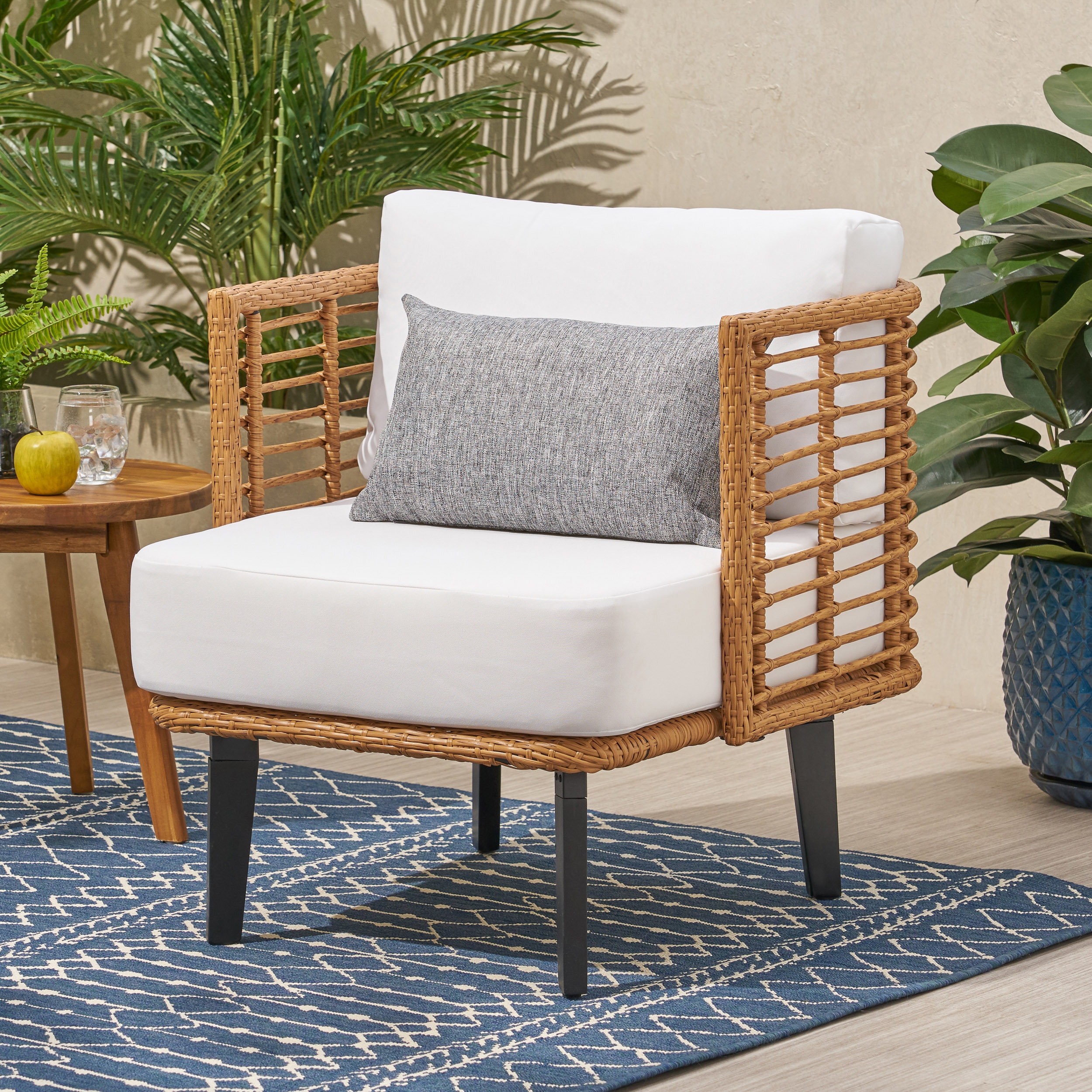 Moda Furnishings MD71339LBRN GIGI Wicker Black Wood Frame Stationary Conversation Chair with Off-white Solid Seat