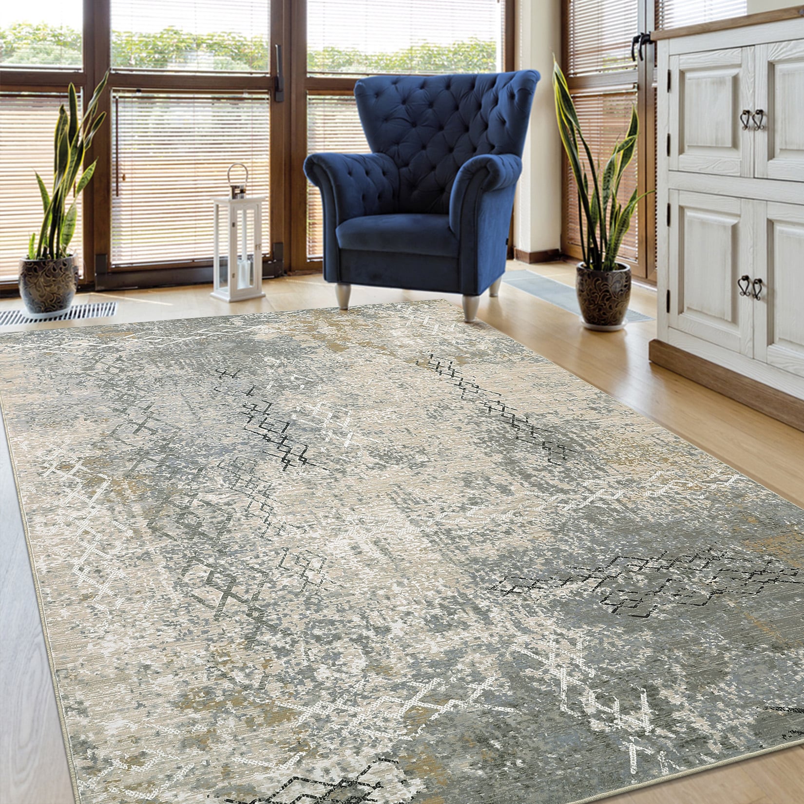 Garvee YXY-LO-PHO-13OVW1JE 9 x 12 (ft) Polyester Beige Rectangular Indoor Abstract Mid-Century Modern Machine washable Area rug