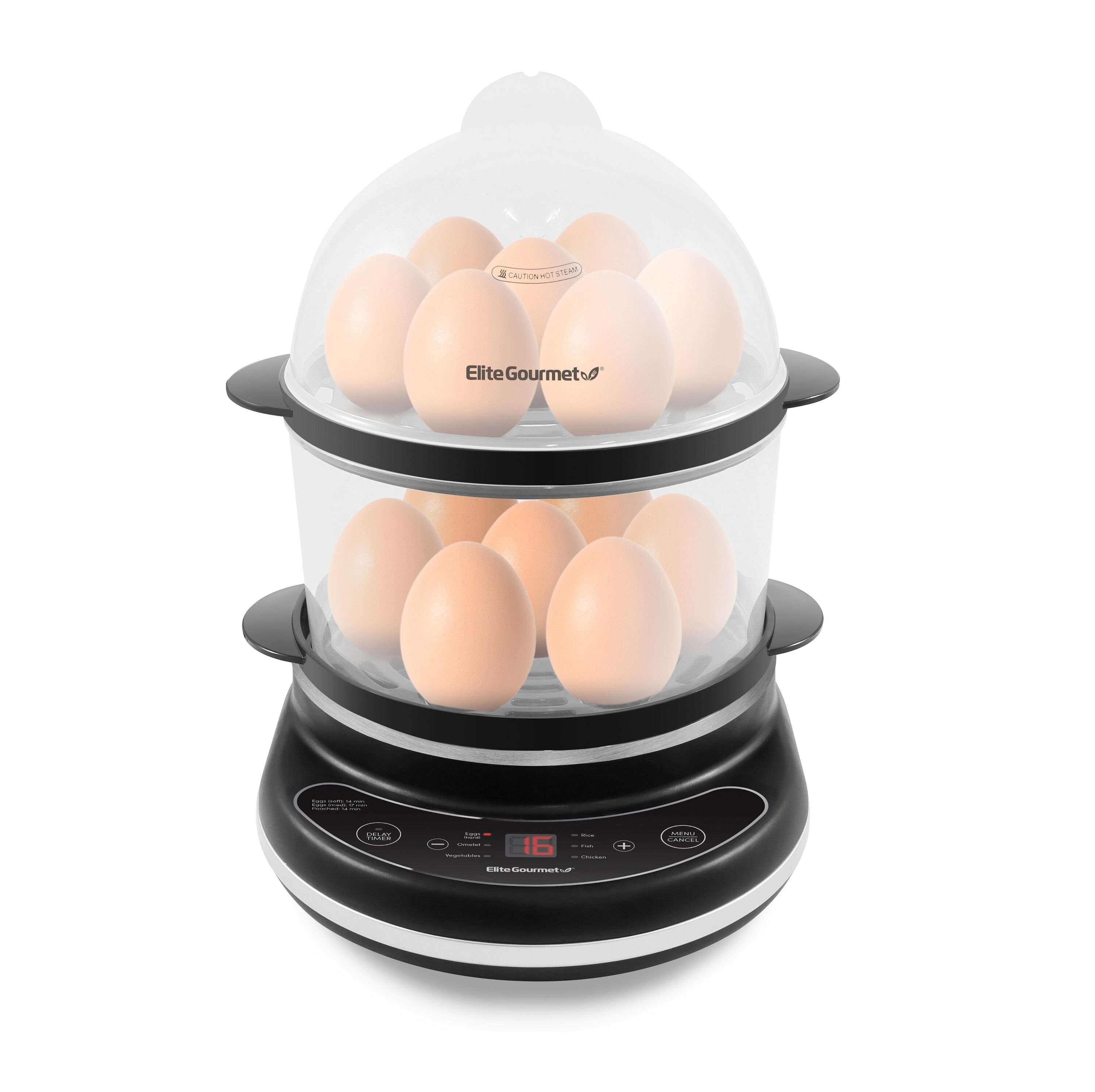 Elite Gourmet 7-Eggs White Easy Egg Cooker with Poaching Tray
