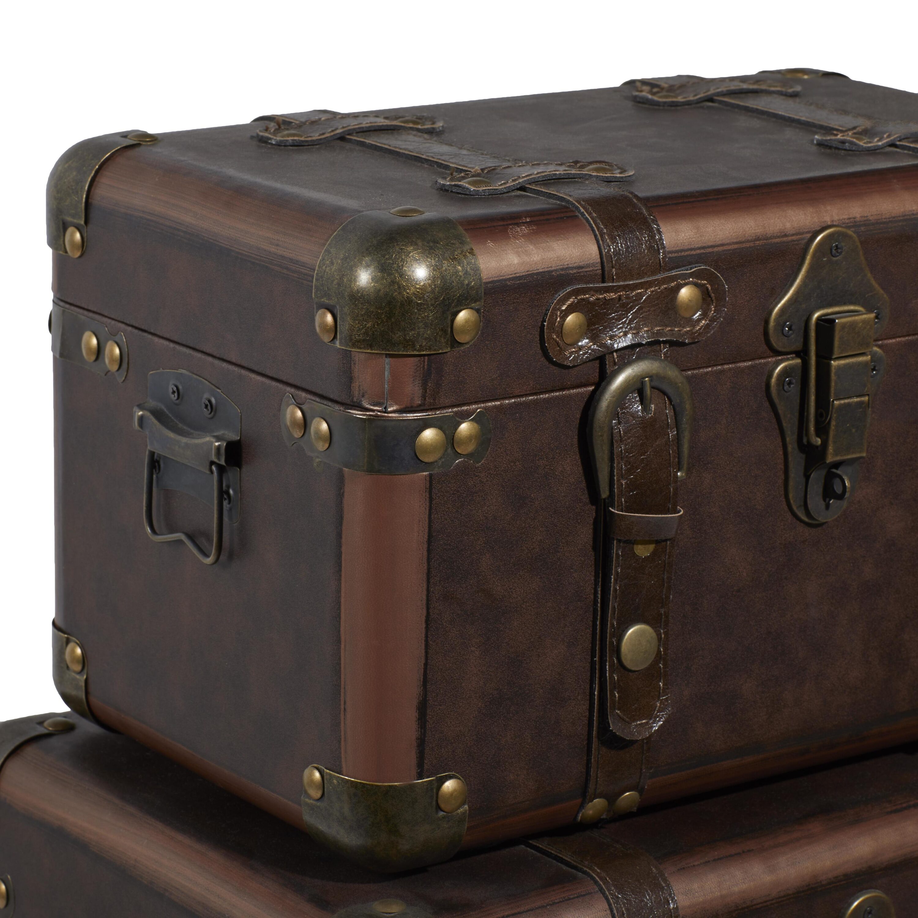 Brown Leather Rectangular Storage Trunk Set with Vintage Accents, 3-Pieces